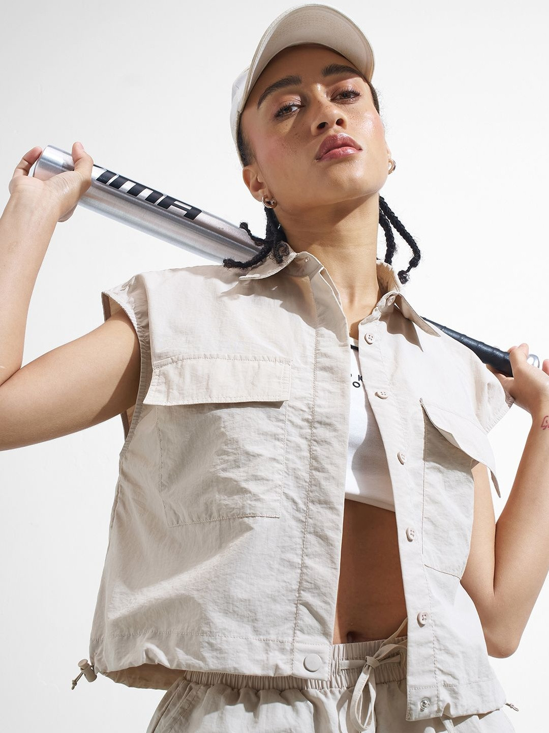Street By Tokyo Talkies Solid Utility Pockets Shirt Style Crop Top