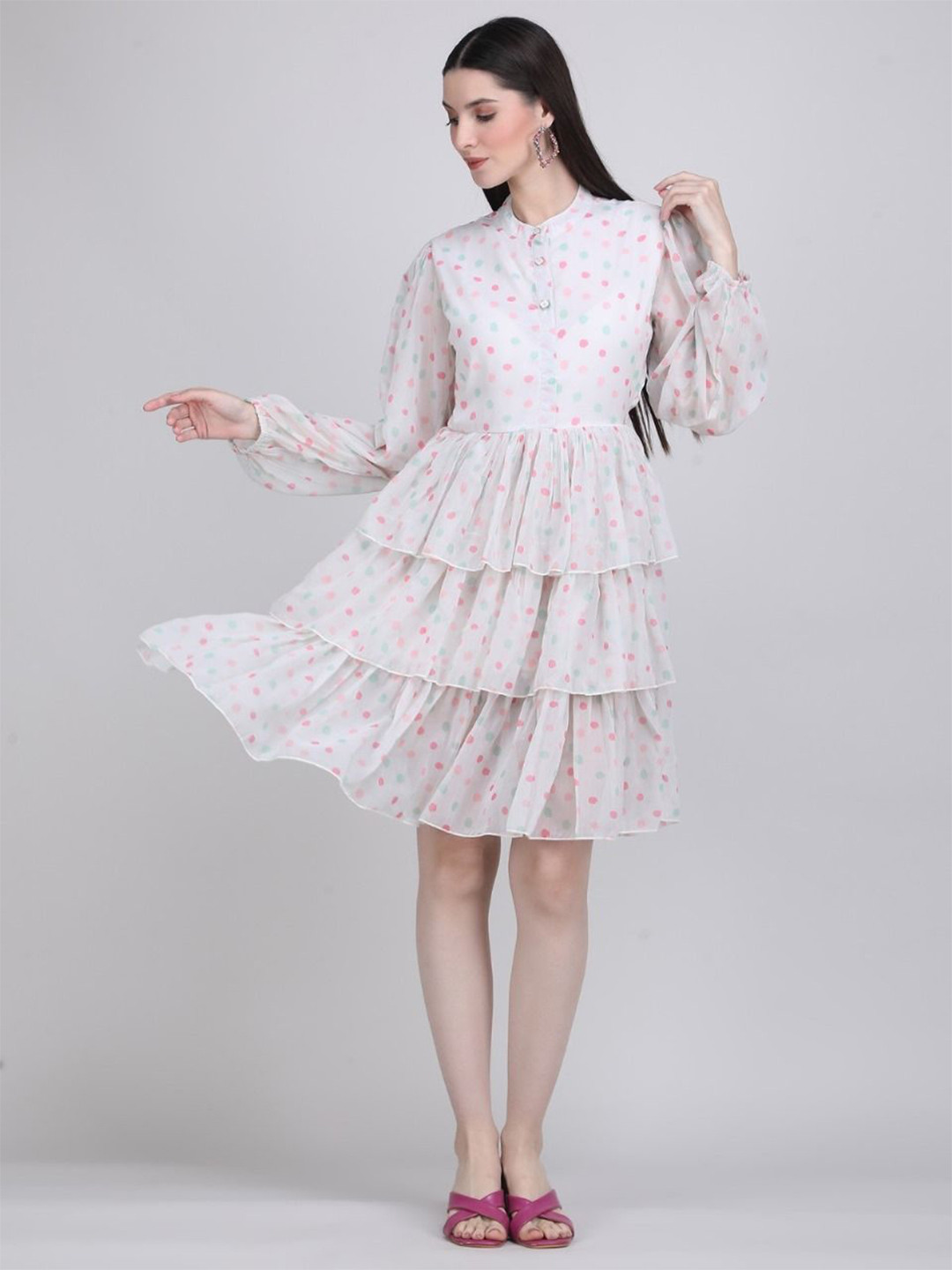 THE BEHRUZ THEORY Women Polka Dot Prints Printed Ruffled Fit & Flare Dress