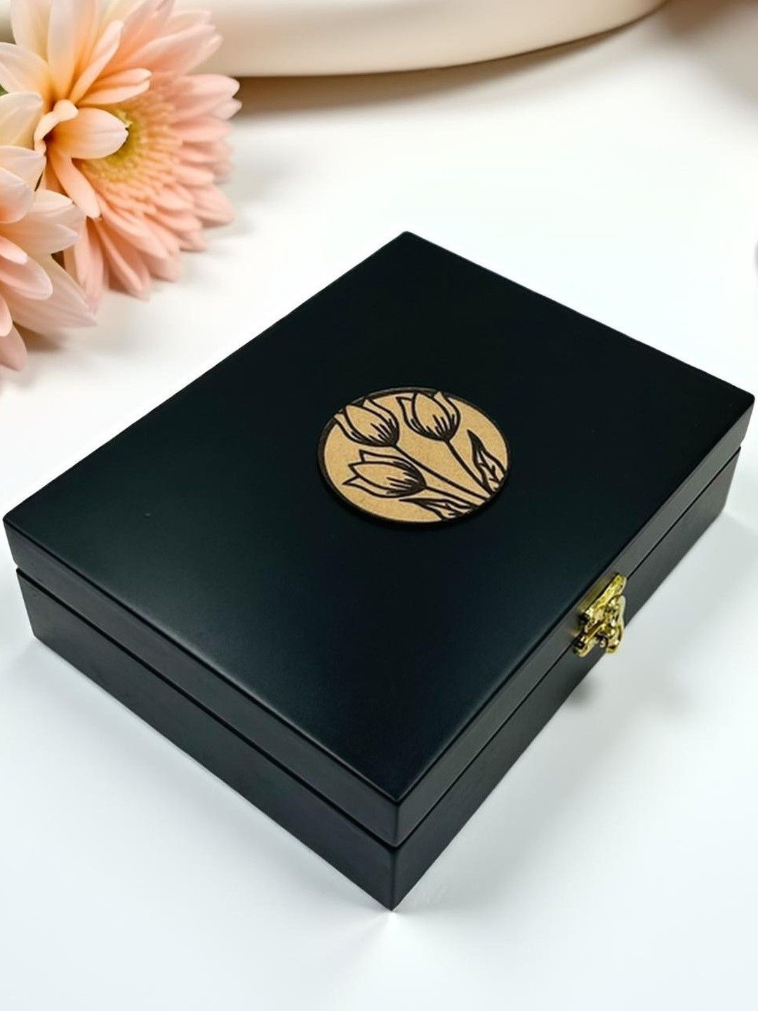 Angira handicrafts  Black Wooden Storage Box with Velvet Interior Traditional Kunda Lock
