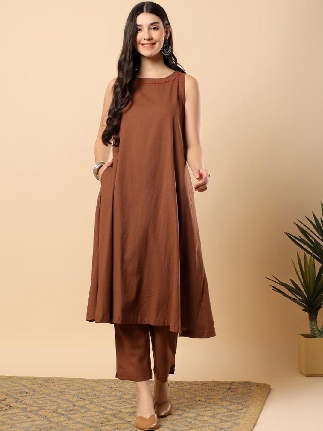 Angkor Brown Cotton Flex Solid & Hand Embroidery Work Kurta With Trousers Set