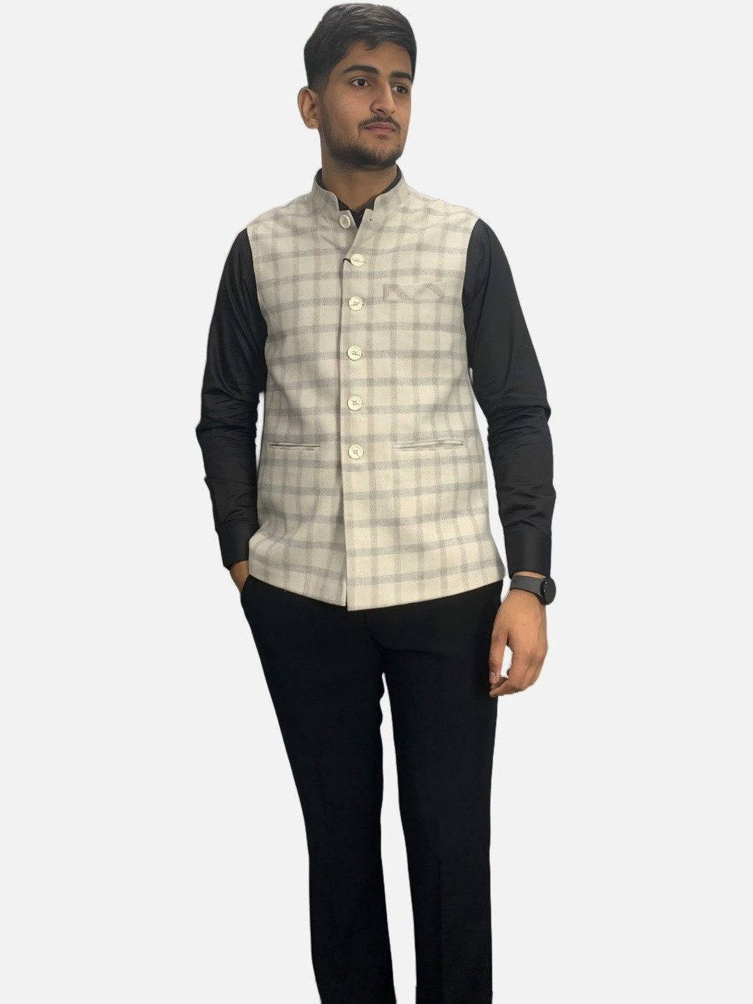 GARGIAN Master Cut Men kashmira- J Mandarin Collar Wool Open Front Jacket