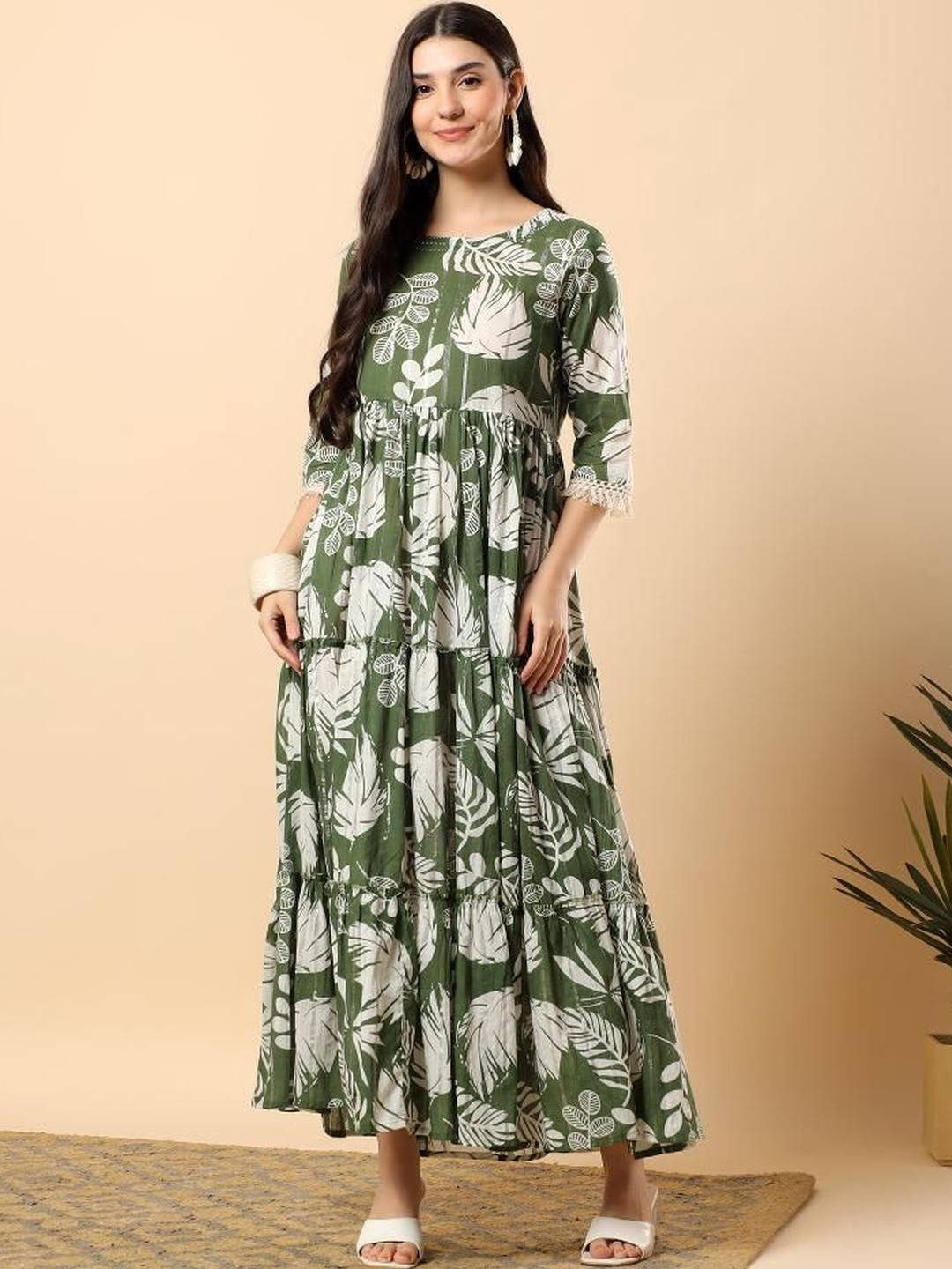 HERE&NOW Women Cotton Printed & Hand Embroidery Ethnic Dresses