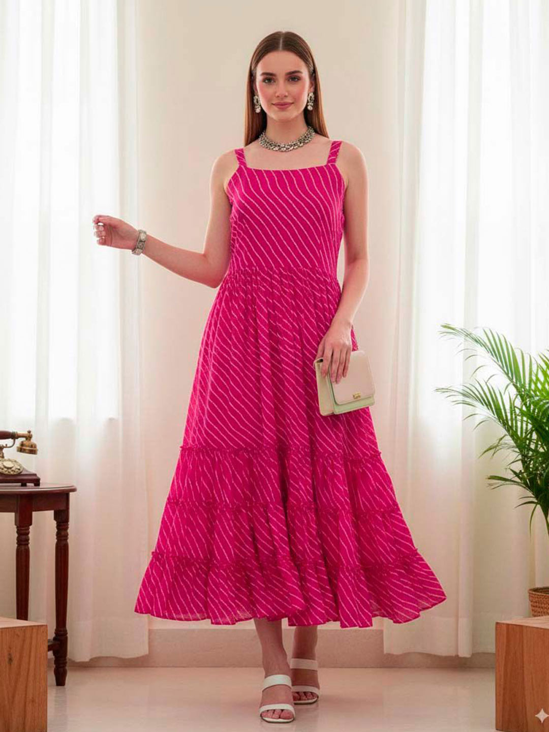 LIPS CROWN Striped  Printed Tiered Fit and Flare Midi Dress