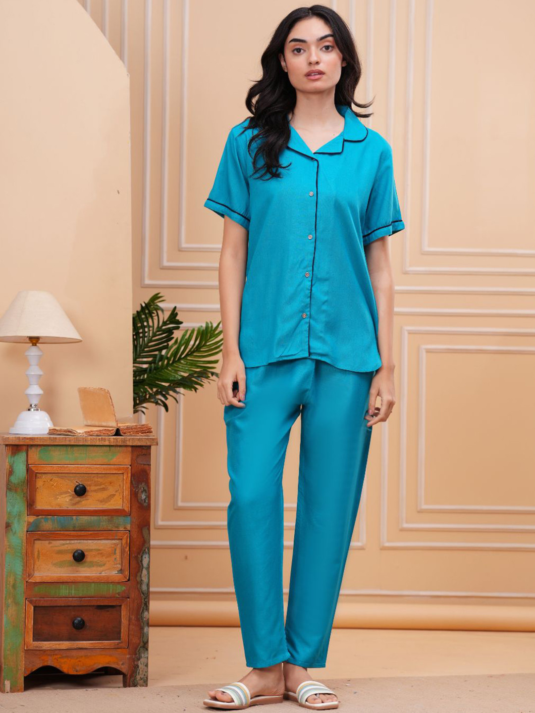 OH MI DIOS Women Solid Shirt and Pant Night suit