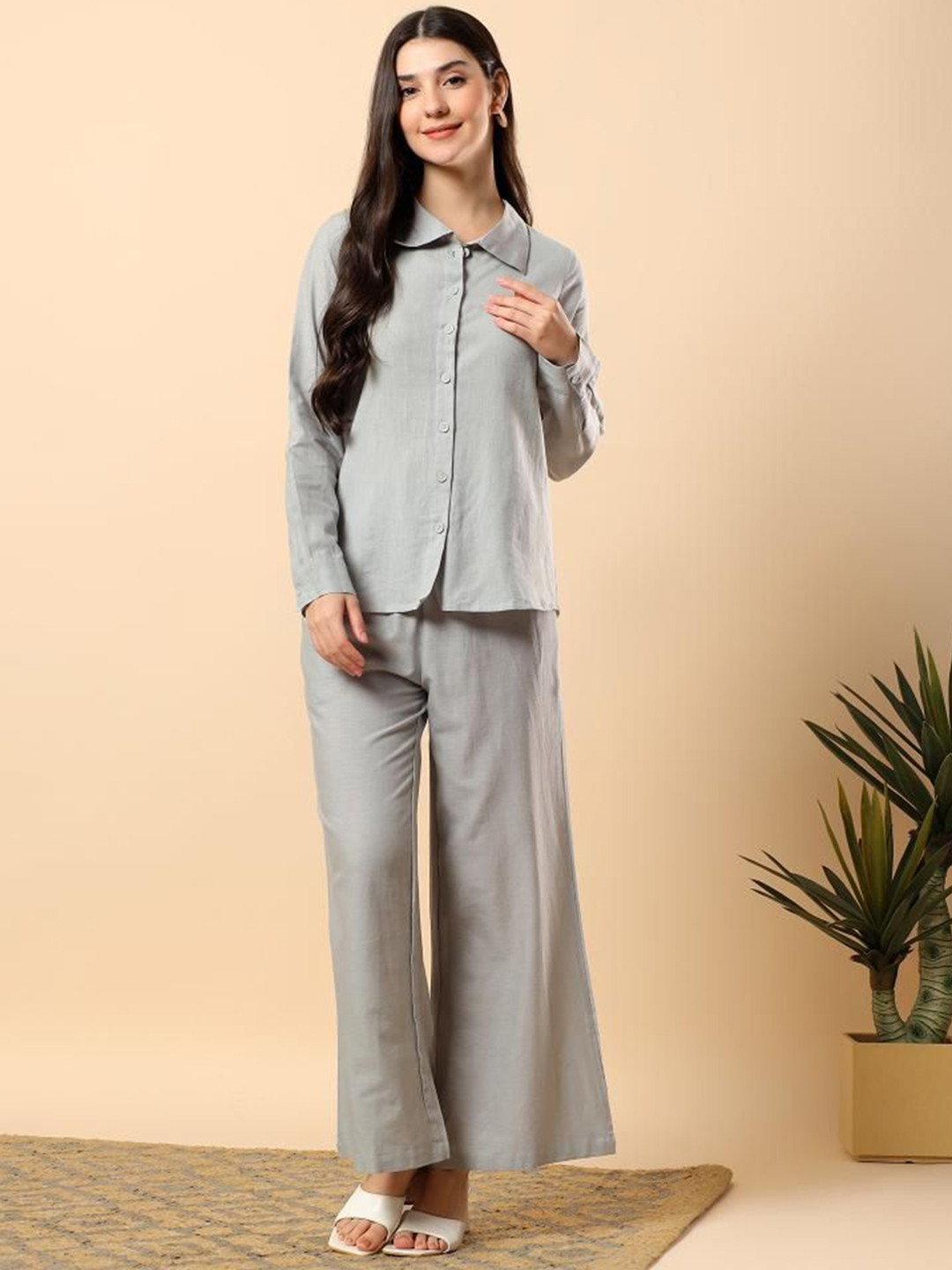 aayusika Women Pure Cotton Shirt Collar Neck Long Sleeve Shirt With Trouser Co-Ords