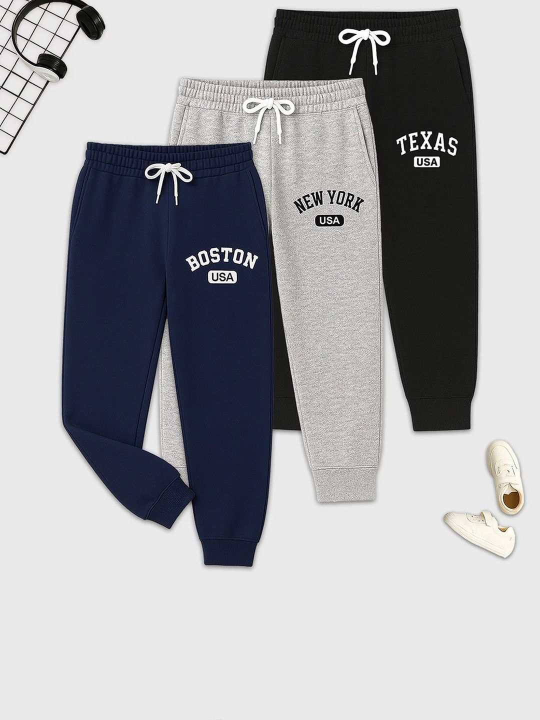 TICOSS Boys Pack Of 3 Typography Printed Mid-Rise Joggers