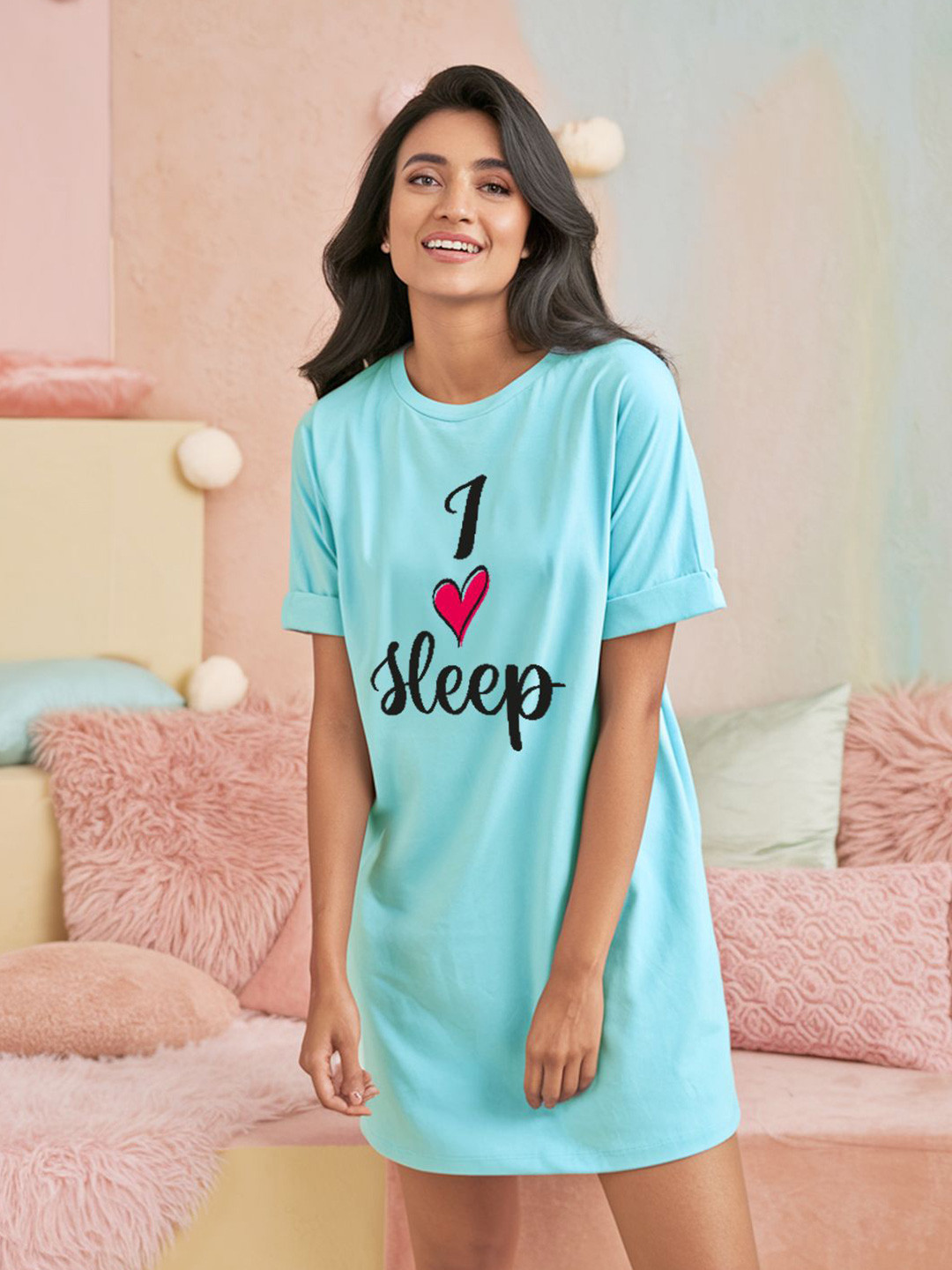 FFLIRTYGO Women Pure Cotton Turquoise Printed Nightdress