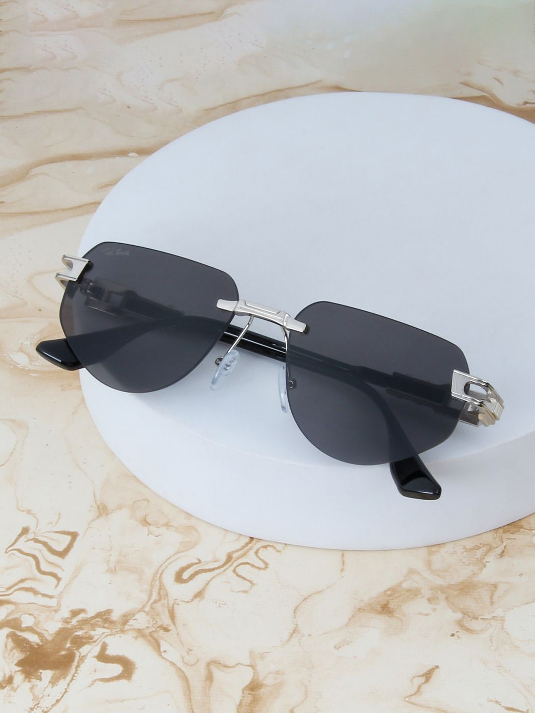 Ted Smith Unisex Rimless Silver Black Sunglasses With UV Protected Lenses