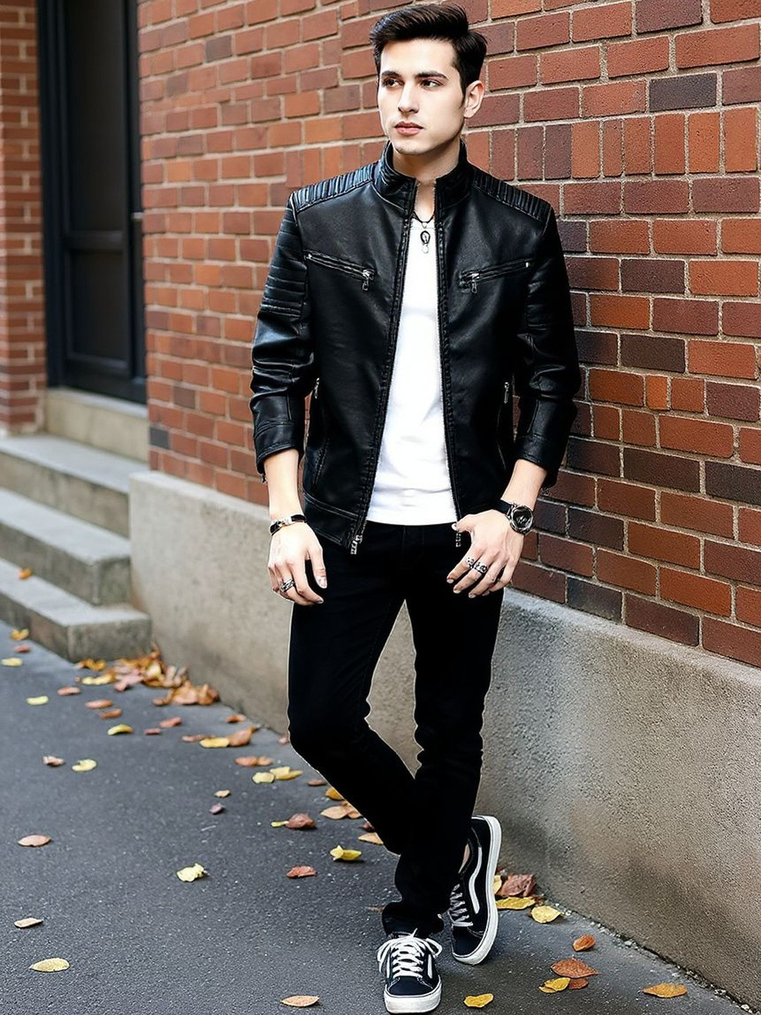 HERE&NOW Men Solid Long Sleeves Mock Collar Windcheater Leather Jacket