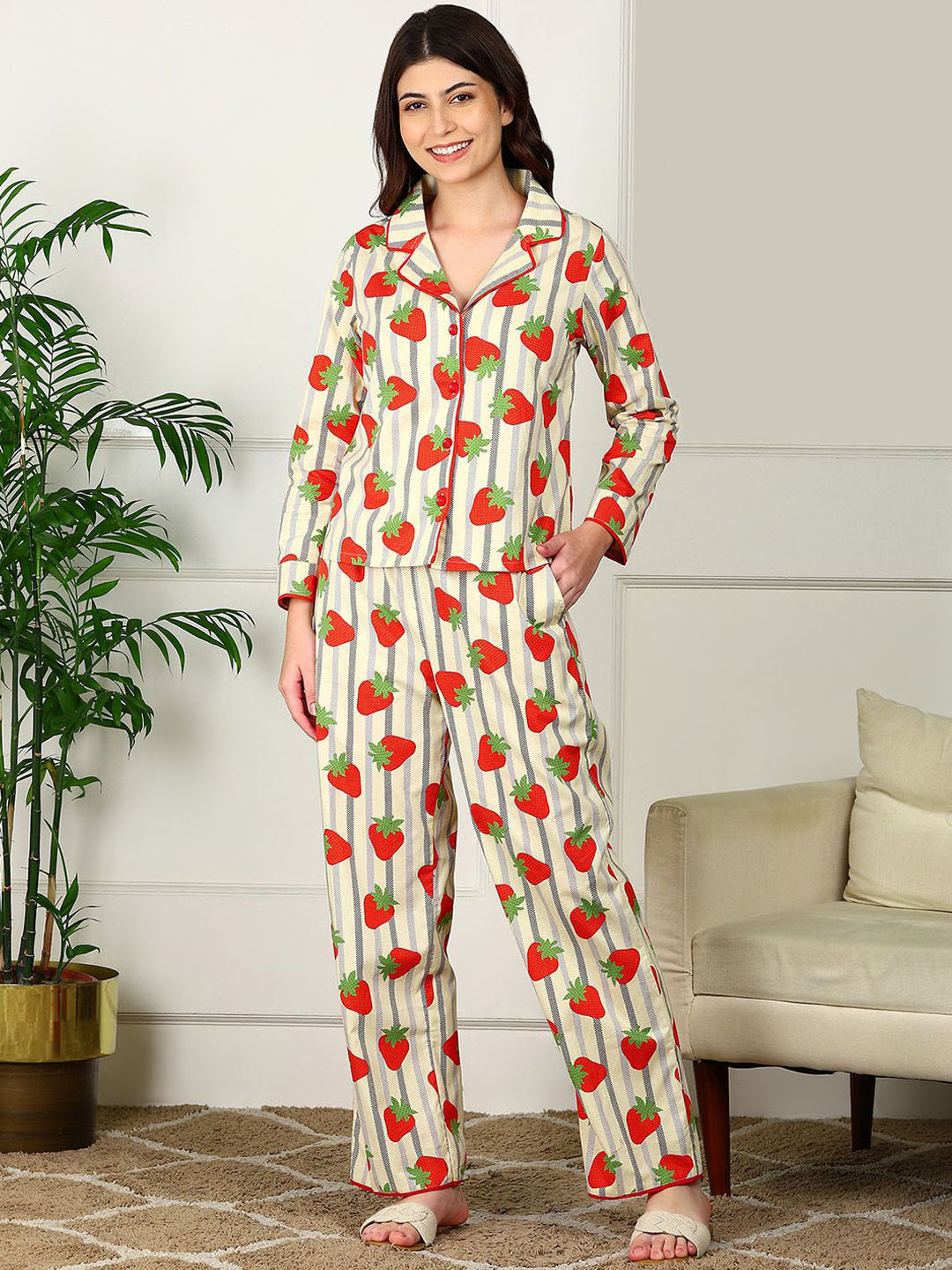 Golden Kite Women Conversational Printed Lapel Collar Pure Cotton Top & Pyjamas Night suit