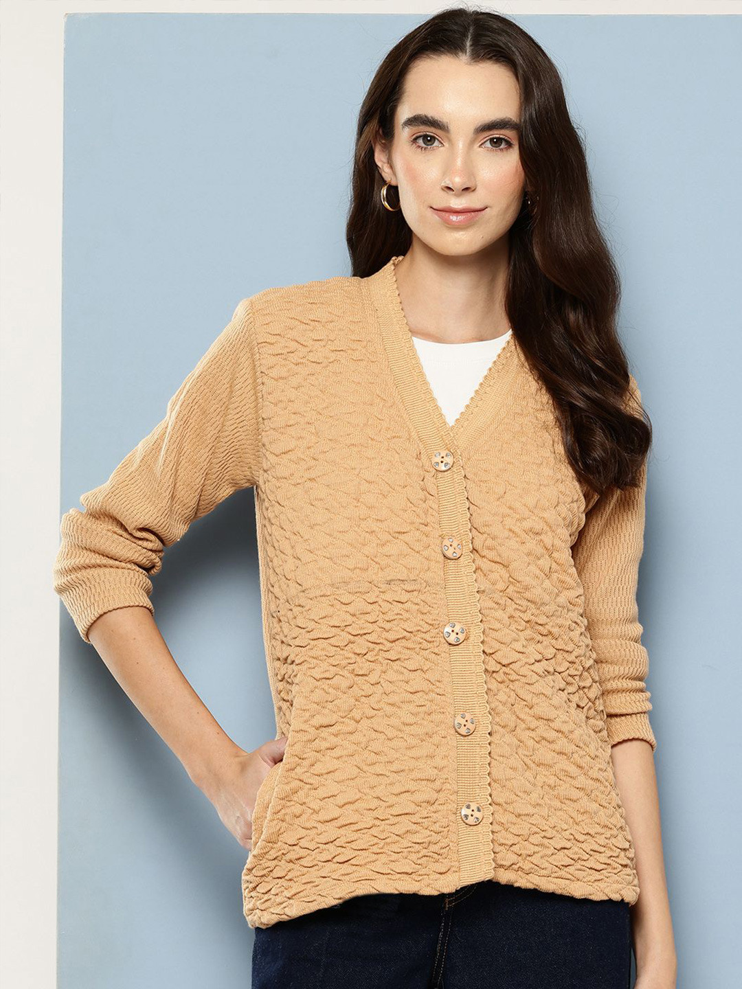 BAESD Women Solid Self Design Woollen V-Neck Regular Cardigan