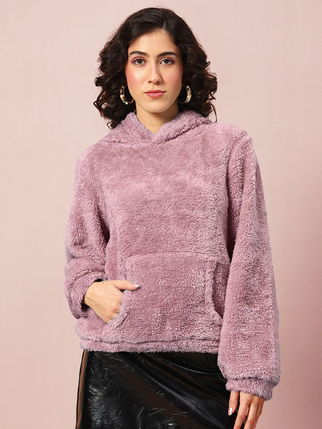 The Dry State Women Basic Fit Self Design Hooded Sweatshirt