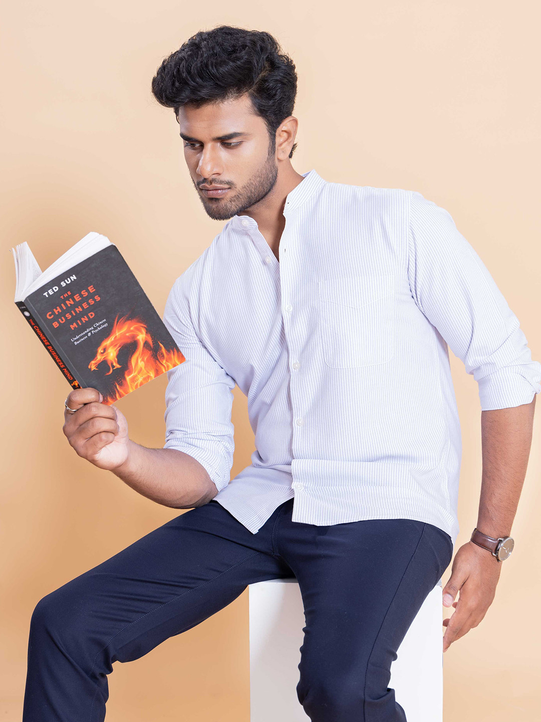 Native Bull Classic Fit Vertical Striped Band Collar Cotton Casual Shirt