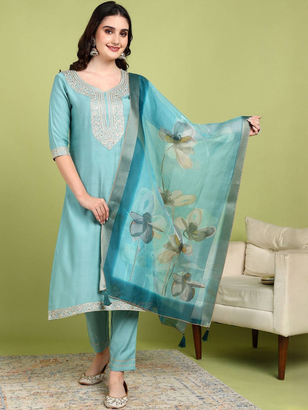 Women's Silk Blend Embroidered Salwar Suit Set with Dupatta