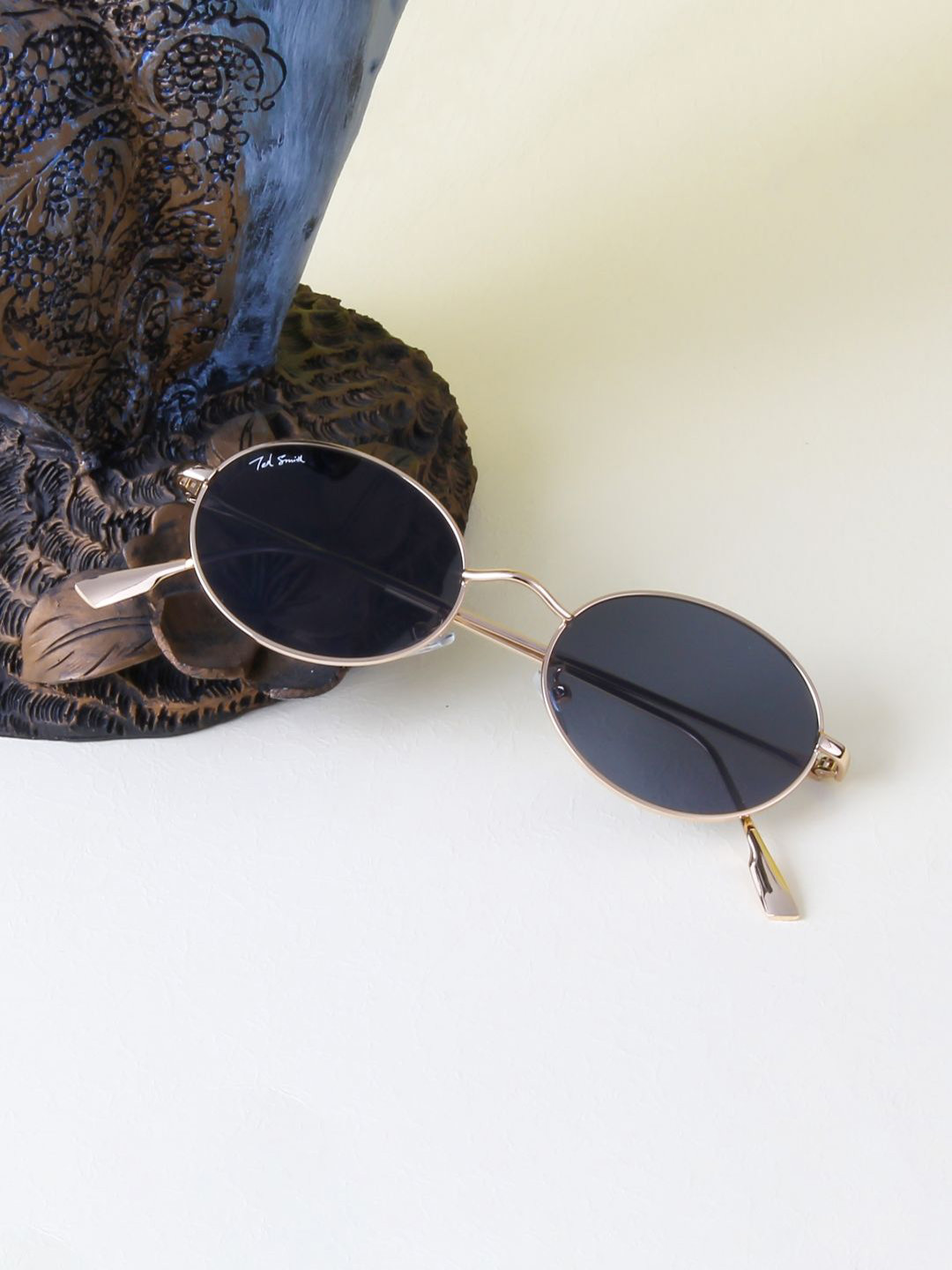 Ted Smith Unisex Metal Oval Gold Black Sunglasses With UV Protected Lenses