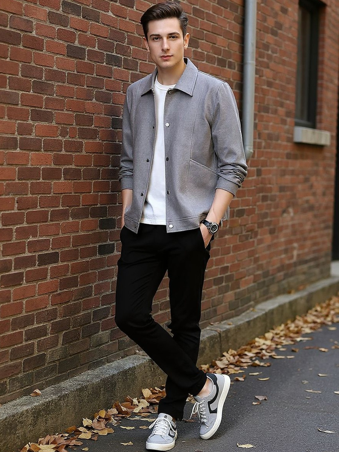 HERE&NOW Men Grey Solid Polyester Tailored Open Front Shacket