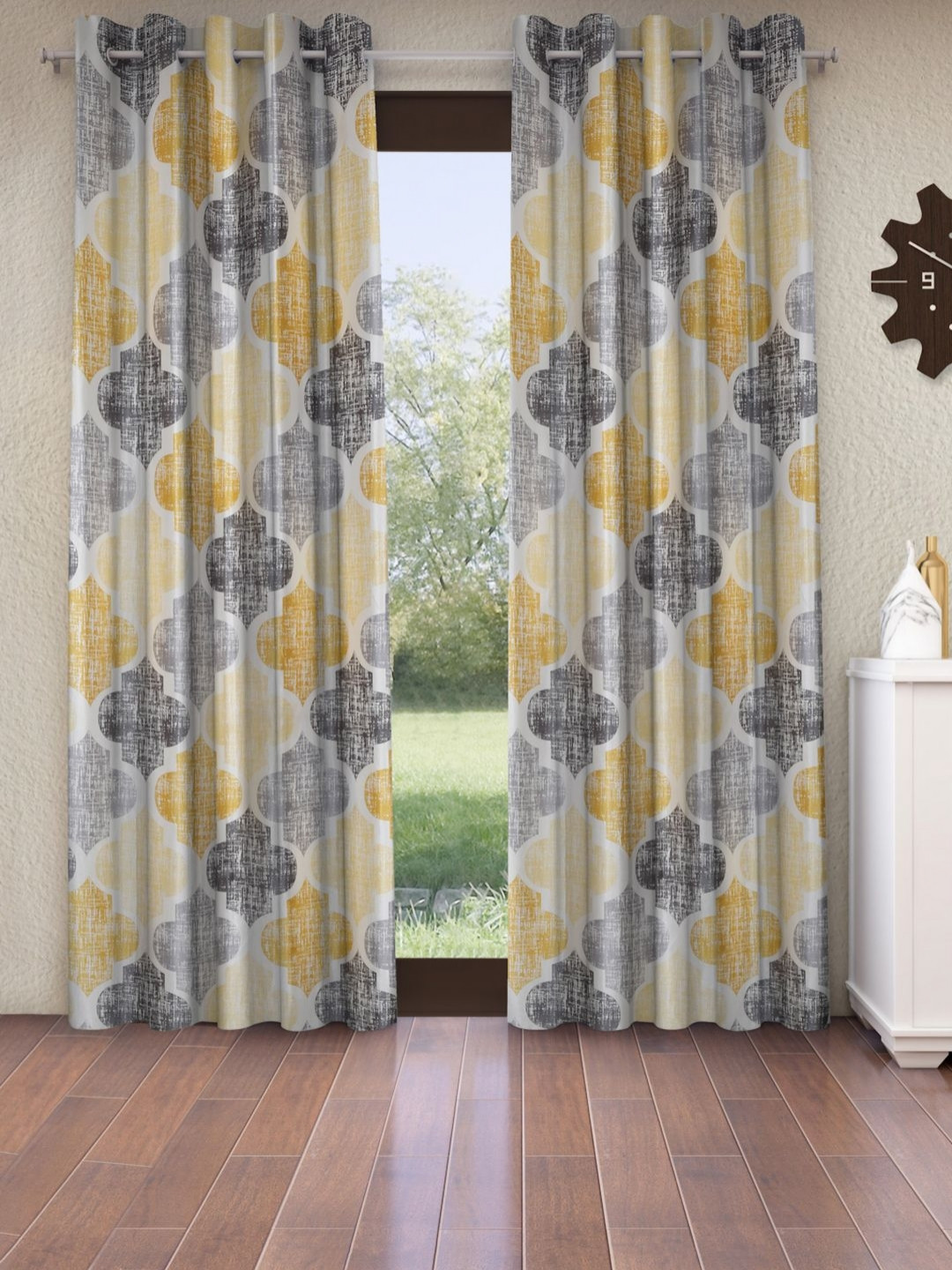 Aura Yellow & Grey 2 Pieces Geometric Printed Long Door Curtains