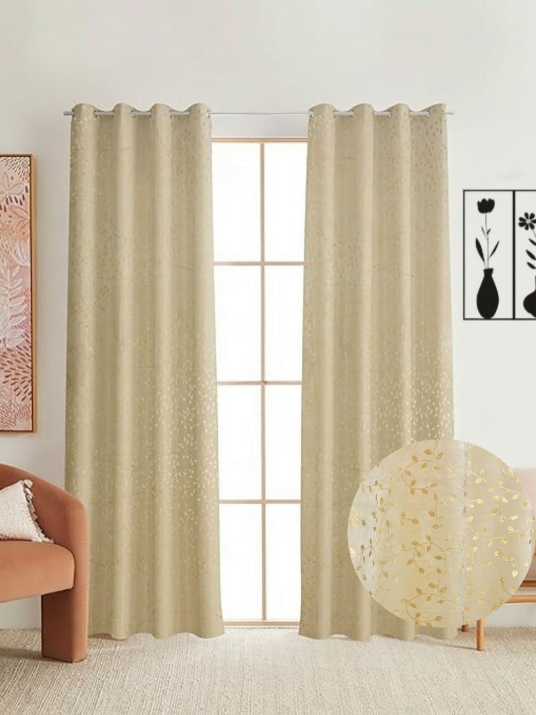 GEET CREATIONS Cream And Gold Toned 2 Pieces Room Darkening Velvet Door Curtains