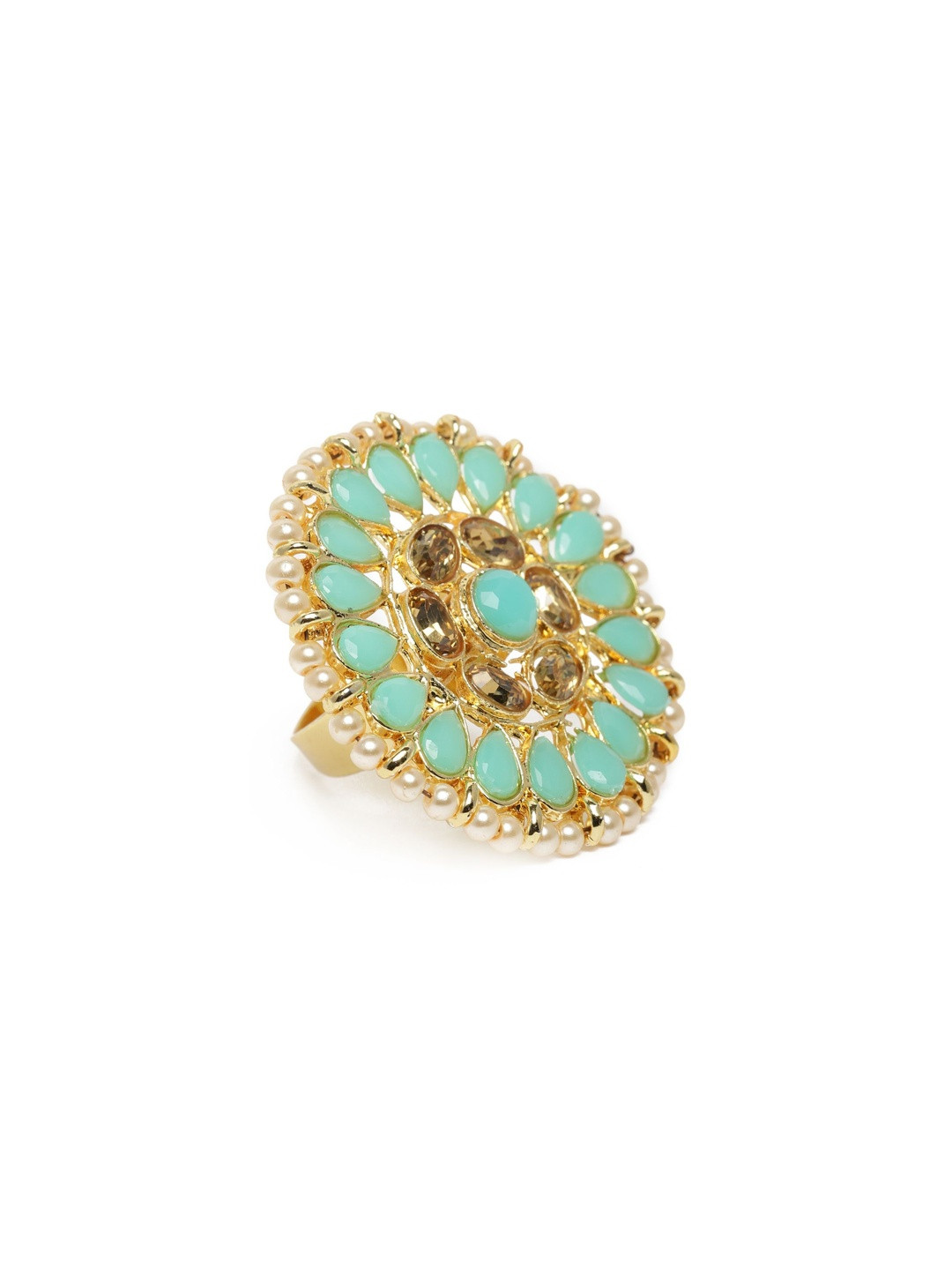 Anxvi Women Traditional Mint Green Round Shape Gold Plated Kundan Adjustable Finger Ring