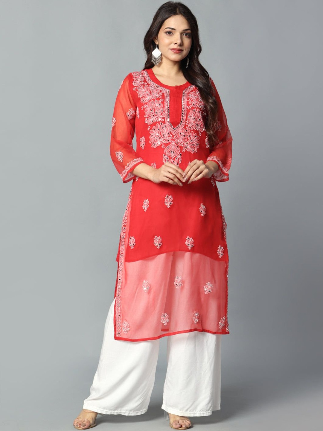 MALABIS Women Pure Georgette Straight Kurti With Mirror Work Matching Cotton Inner