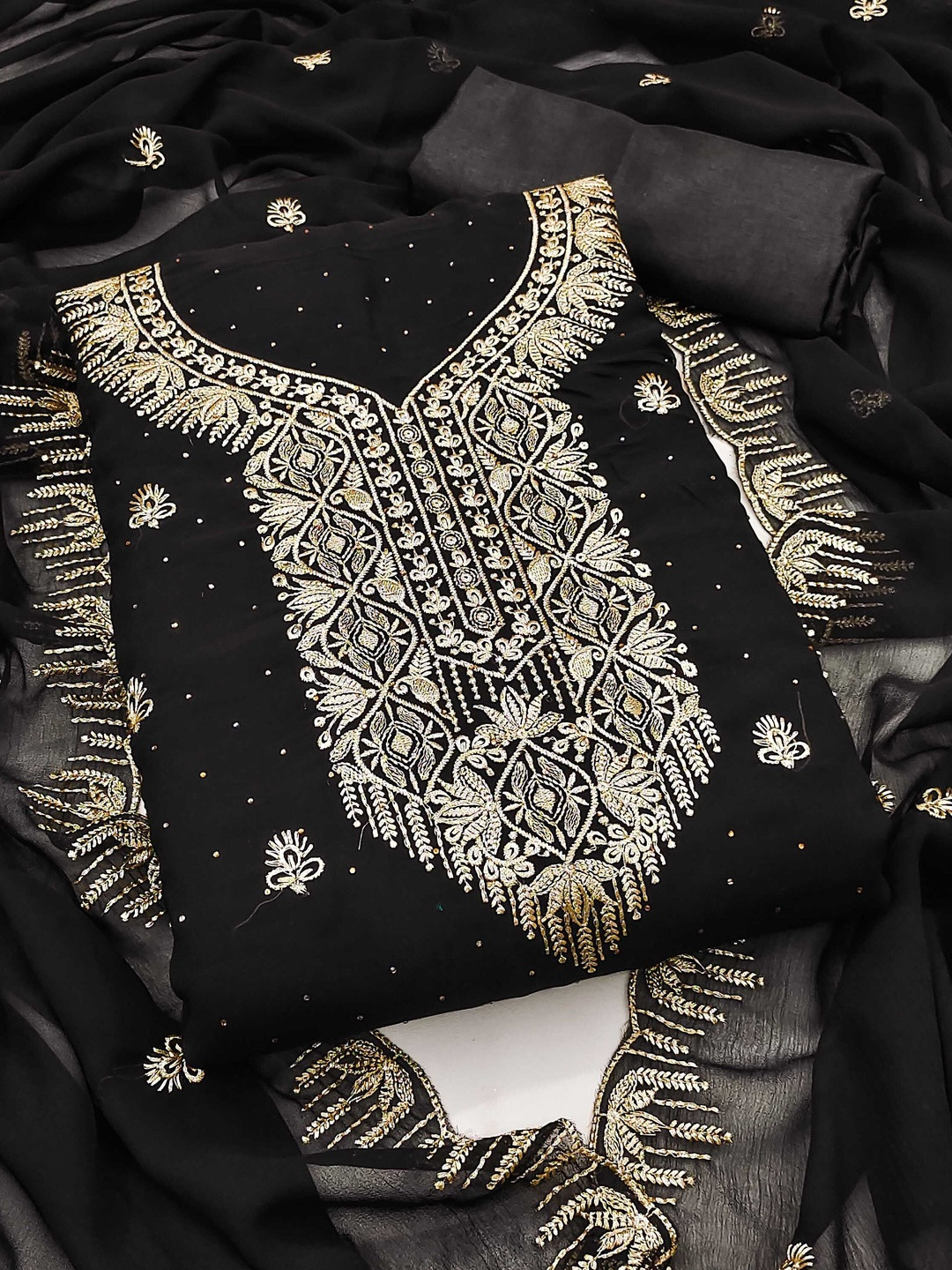 KALINI Women Black Embroidered Poly Georgette Unstitched Dress Material