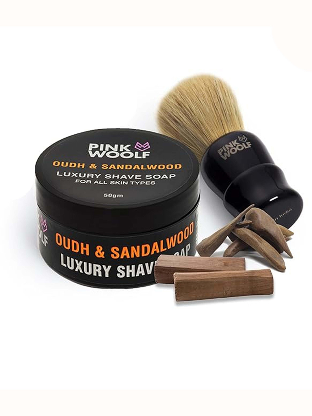 PINK WOOLF Set Of 2 Black Boar Shaving Brush With Soap