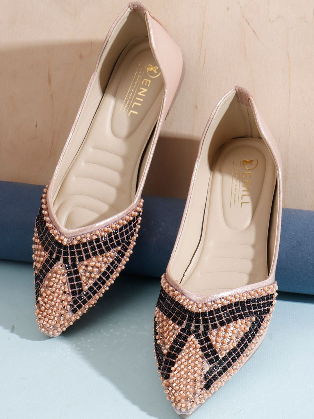 Denill Women Embellished Pearls & Thread Work Detail Pointed Toe Mojaris Flats