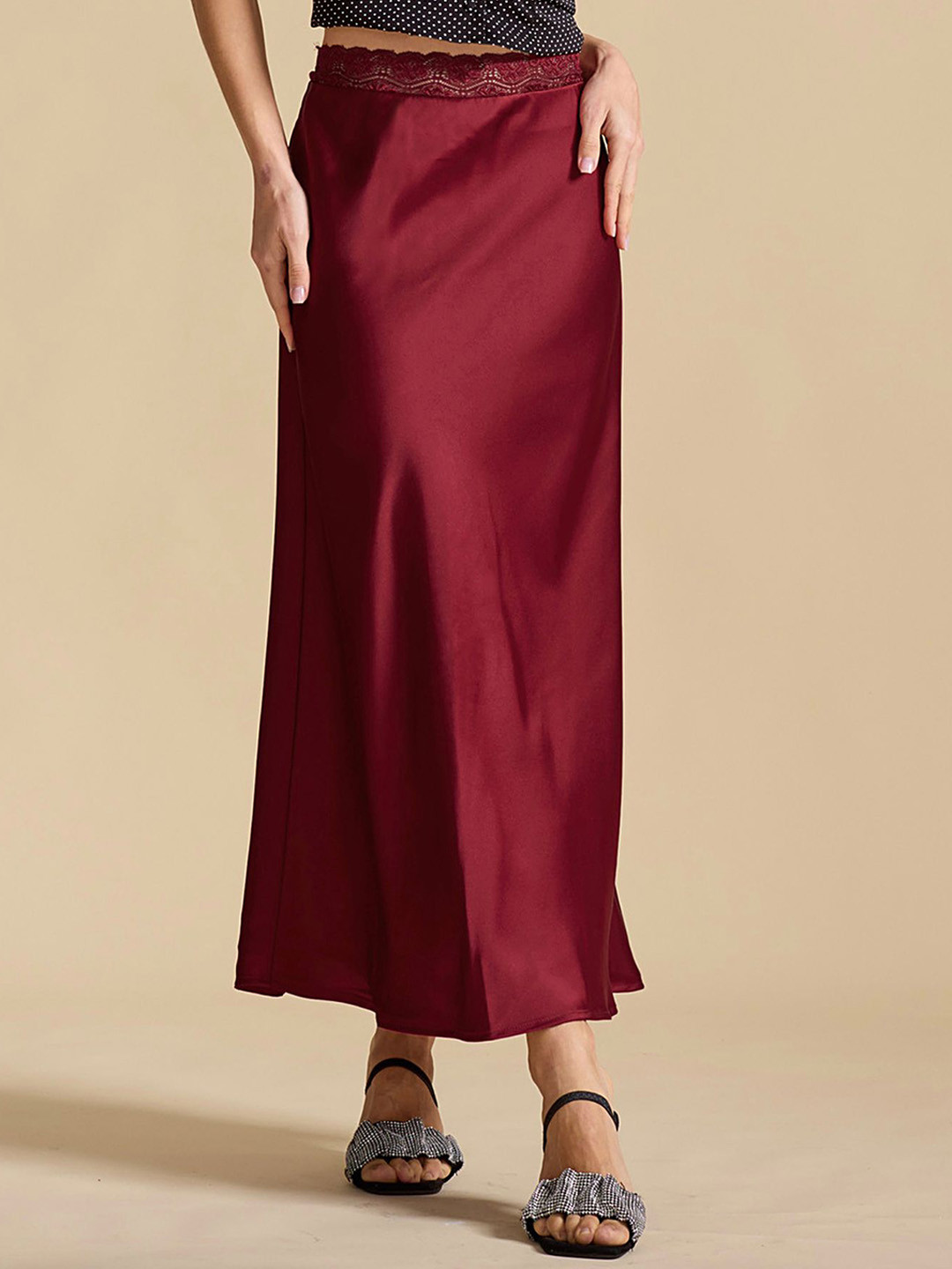 LULU & SKY Women Claret Lace Waist Straight Maxi Skirt