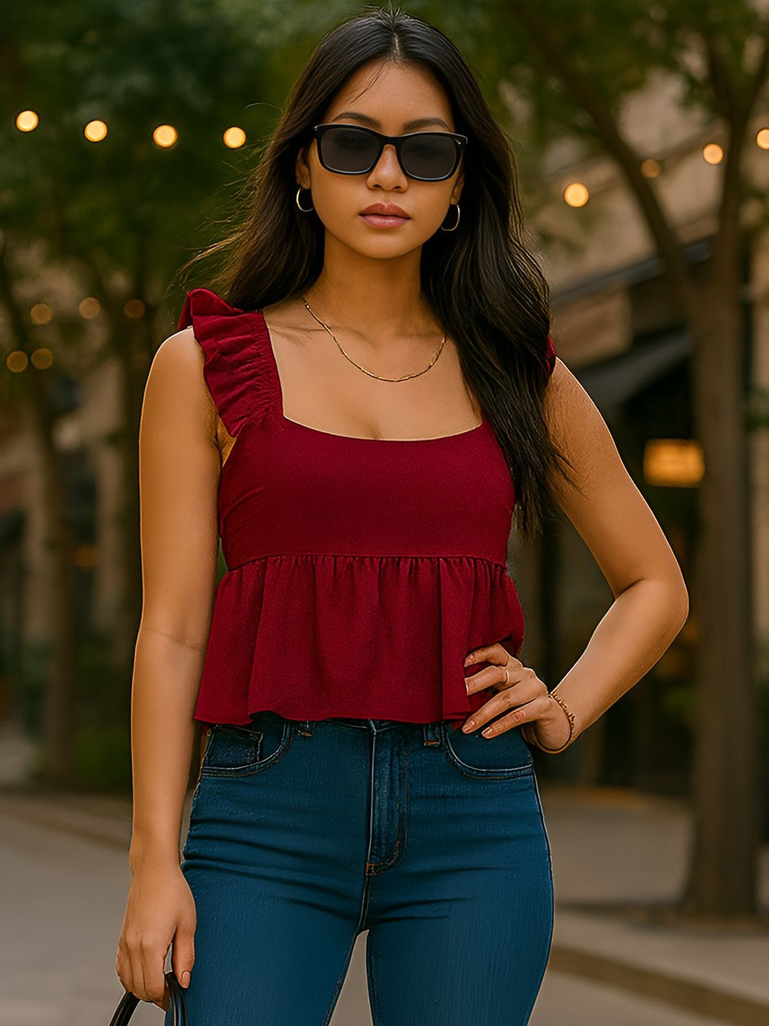 don't be basic Women Square Neck Flutter Sleeve Pleated Detail Peplum Crop Top