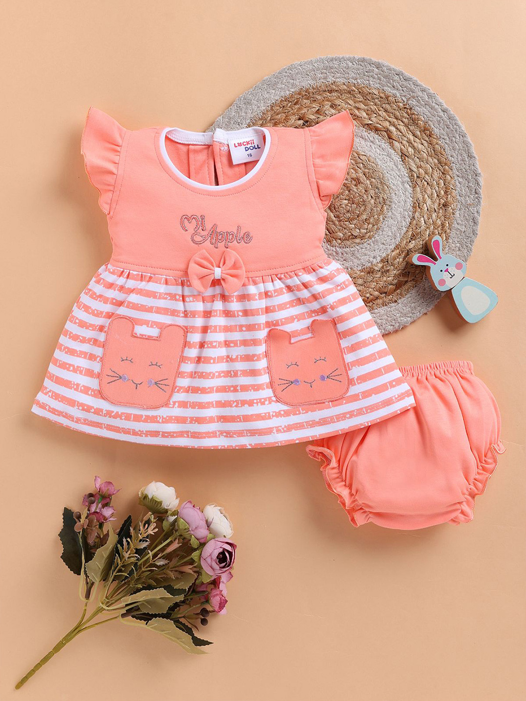 LACKii DOLL Girls Striped Bow Cotton Fit & Flare Dress with Bloomer