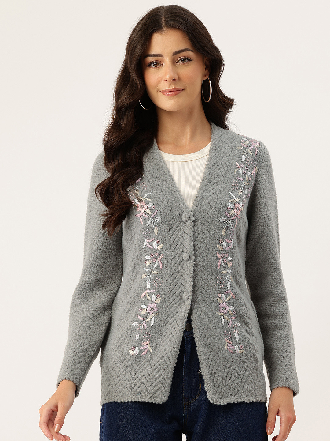 APSLEY Self Design Floral Embroidery V-Neck Scallop Hem Cardigan