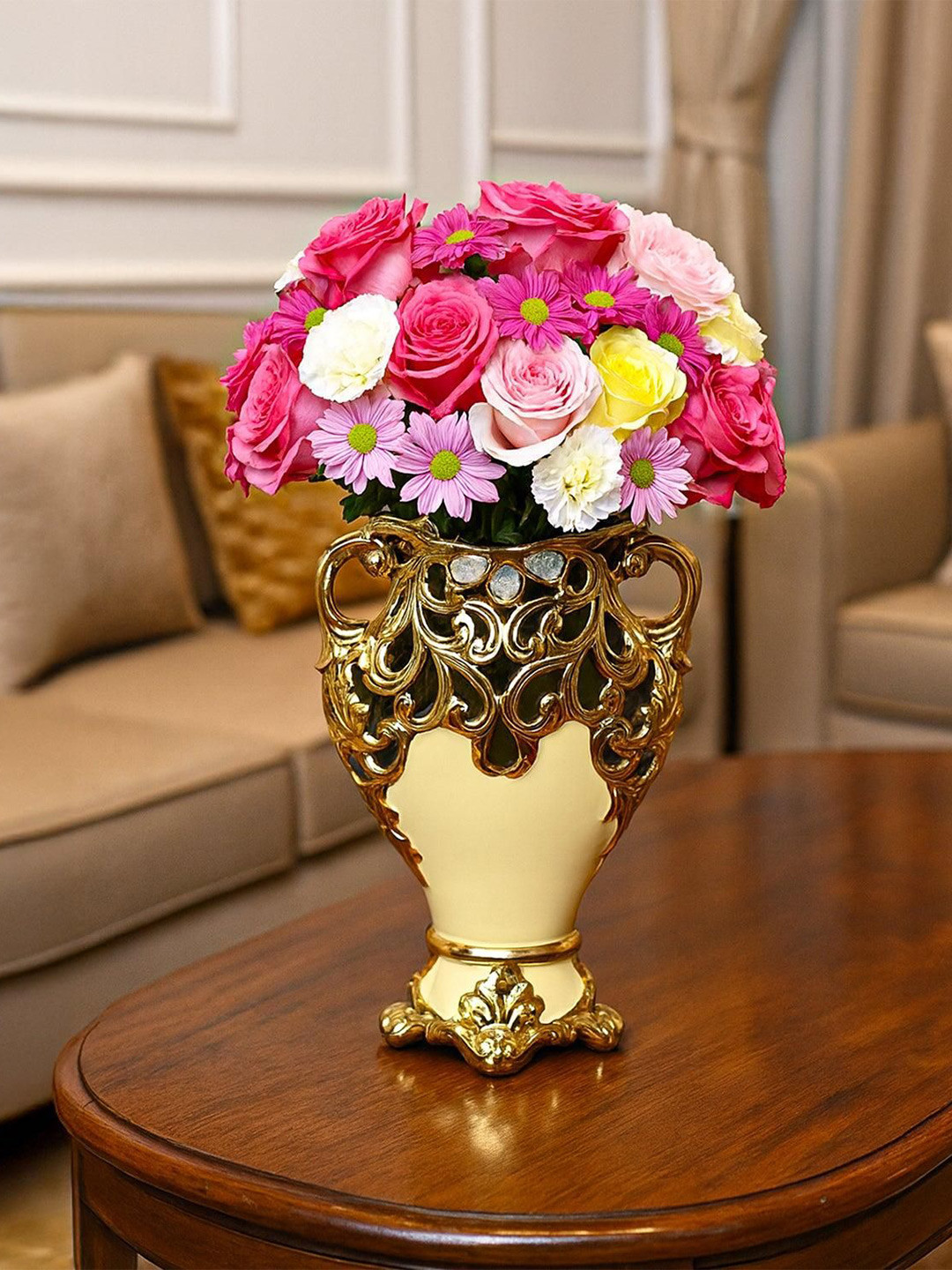 MARKET99 VON CASA Cream & Gold Toned Ceramic Rococo Pattern Glossy Finish Flower Vase