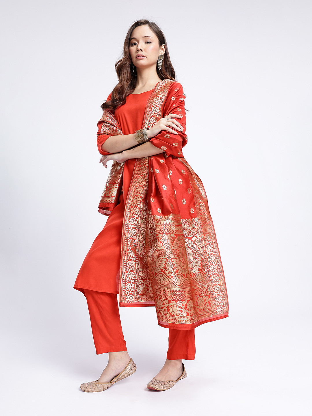 Anouk Rustic Indie Floral Woven Design Kurta with Trousers & Dupatta