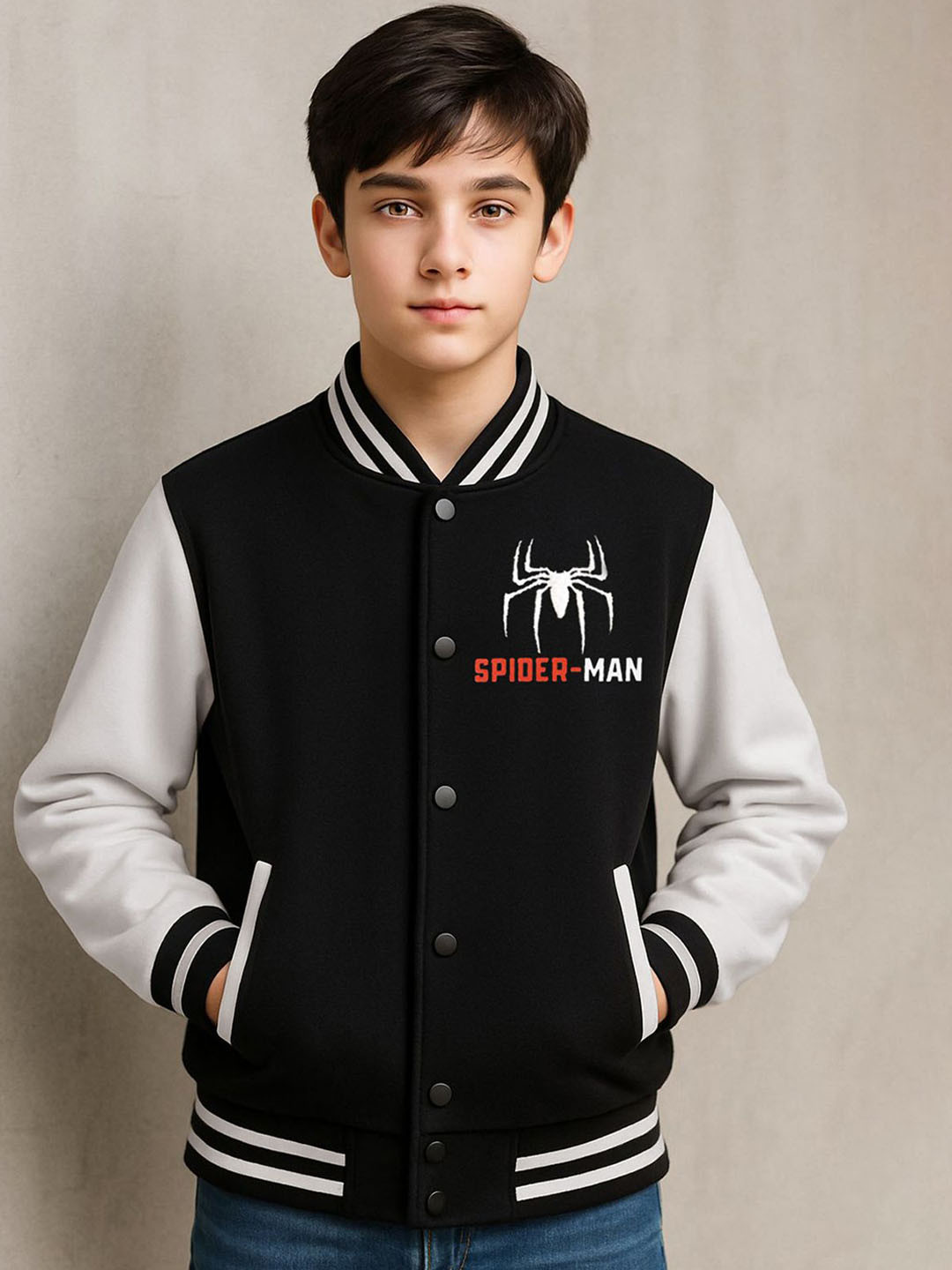YK Marvel Boys Colourblocked Stand Collar Relaxed Fit Varsity Jacket