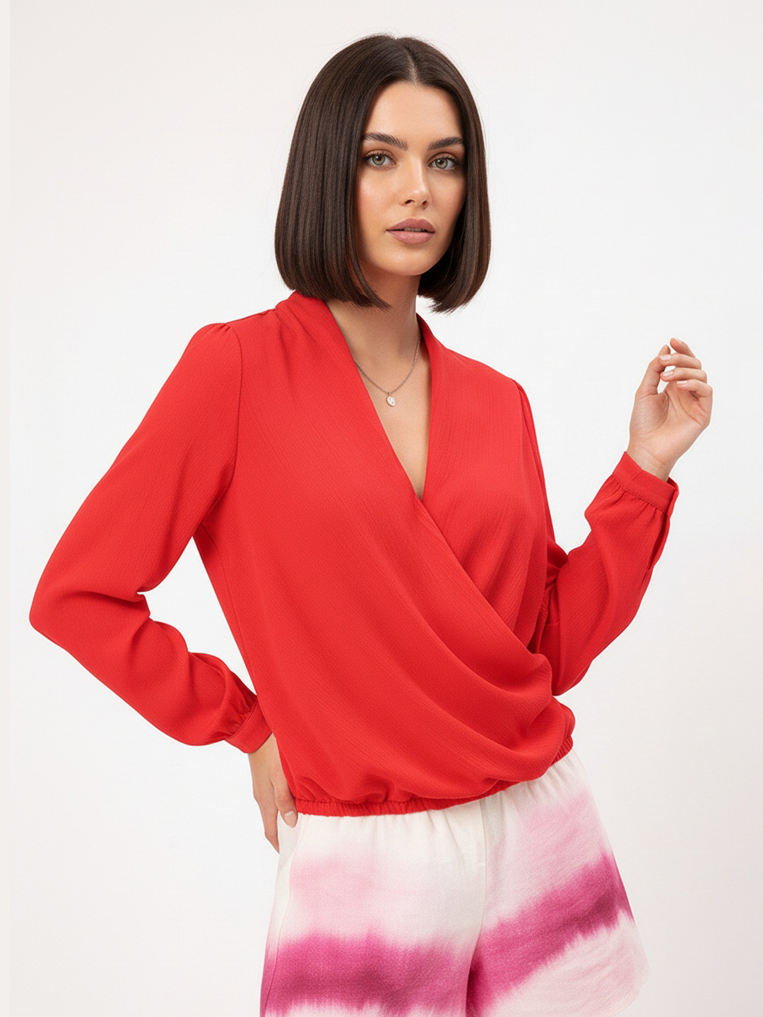 DressBerry Sweet & Spicy Crinkled Fluid Wrap-Style Blouson Top