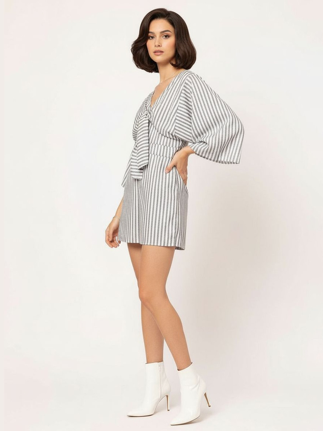 DressBerry Seamlessy Stylish Flared Sleeves Tie-Up Striped Playsuit