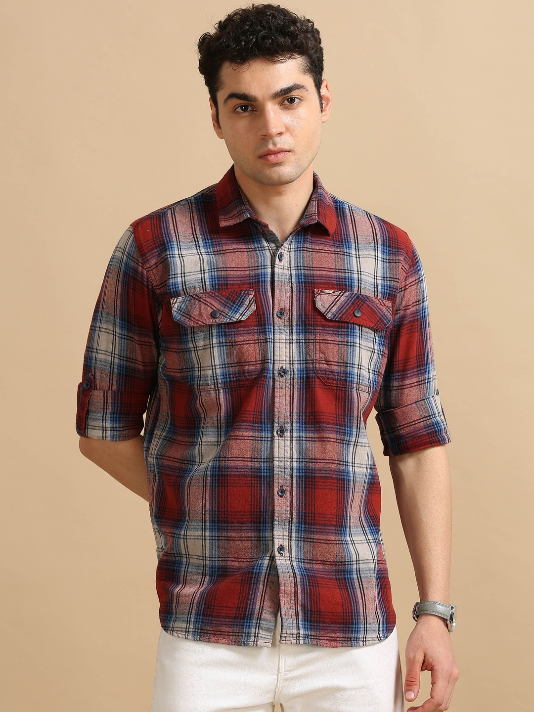 COOL COLORS Men Blue & Red Slim Fit Checks Full Sleeve Casual Shirt