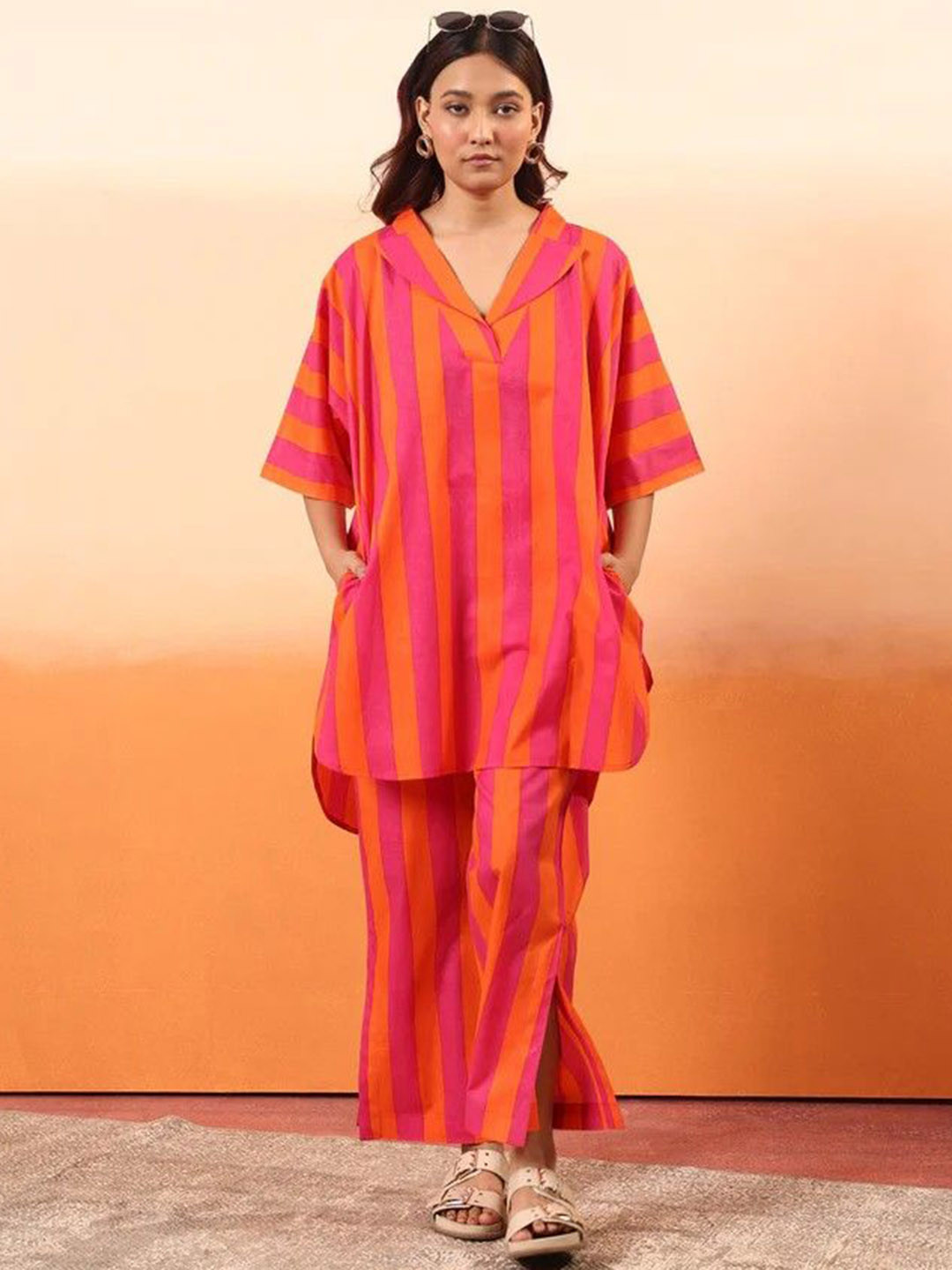 MANVAAR JAIPUR Pure Cotton Printed Shirt Collar Neck Tunic With Trousers