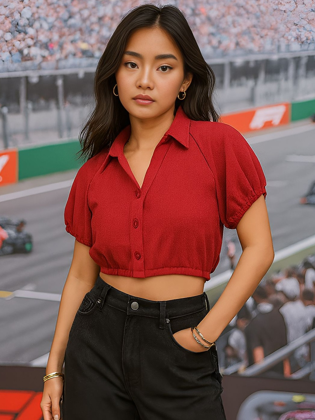 don't be basic Puff Sleeve Shirt Collar Fitted Crop Top