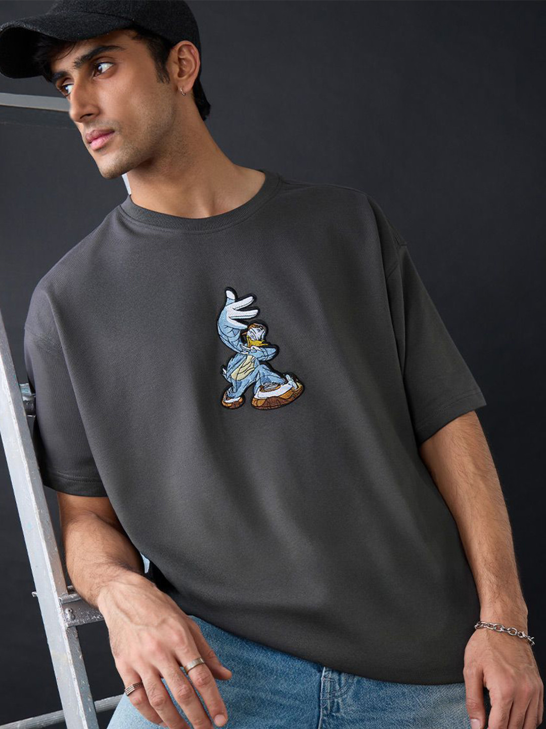 The Souled Store Oversized Disney Quack Off Donald Duck Embroidered Pure Cotton T-Shirt