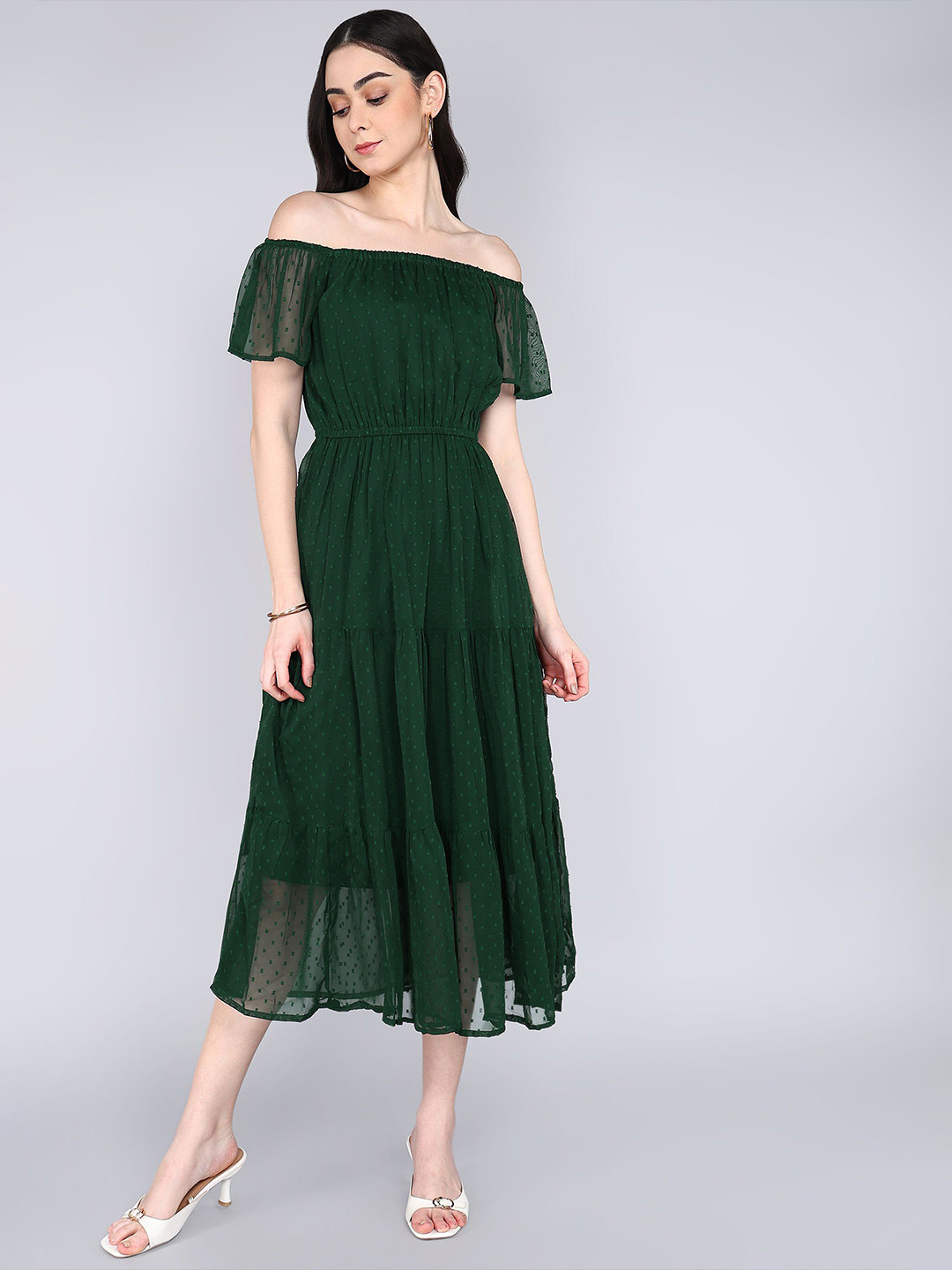 IQRA ENTERPRISE Off-Shoulder Flared Sleeve Fit and Flare Gathered or Pleated Midi Dress