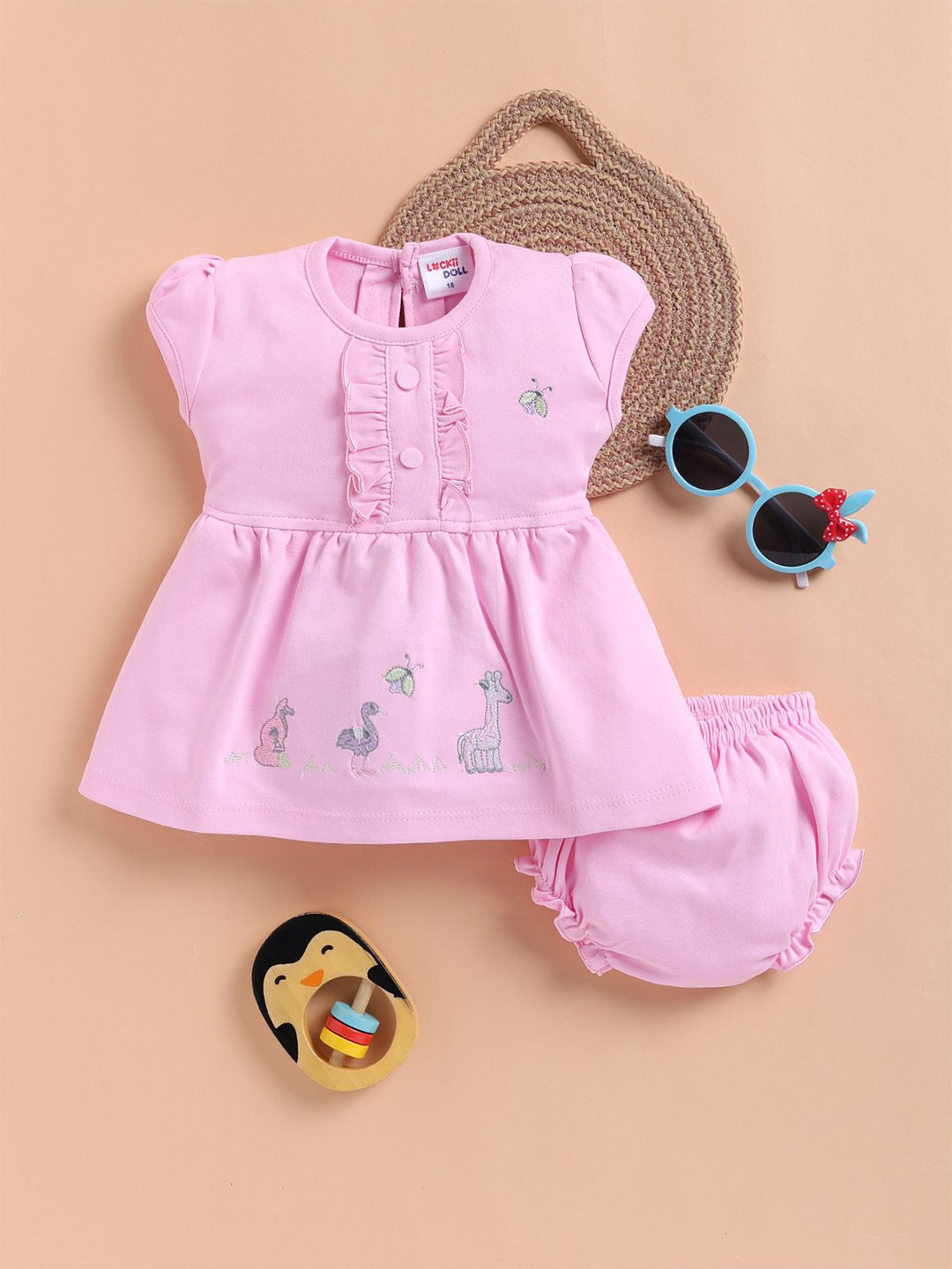 LACKii DOLL Girls Embroidered Cap Sleeves Pure Cotton Fit & Flare Dress