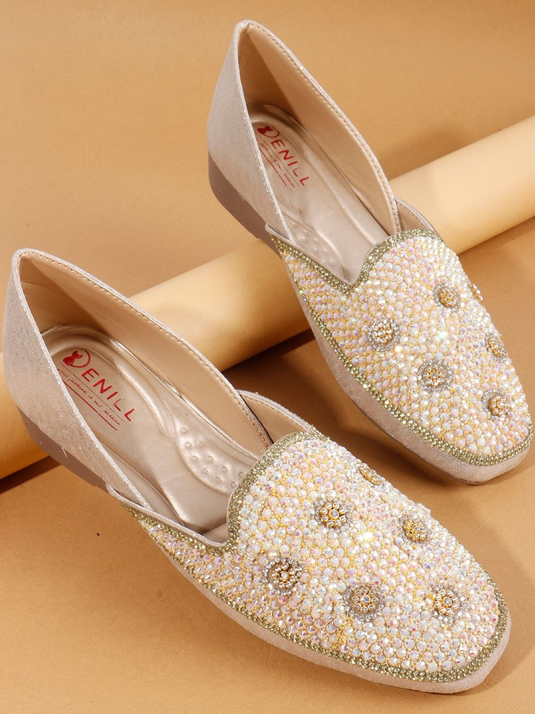 Denill Women Golden Embellished Slip On Flats Beaded Floral Design