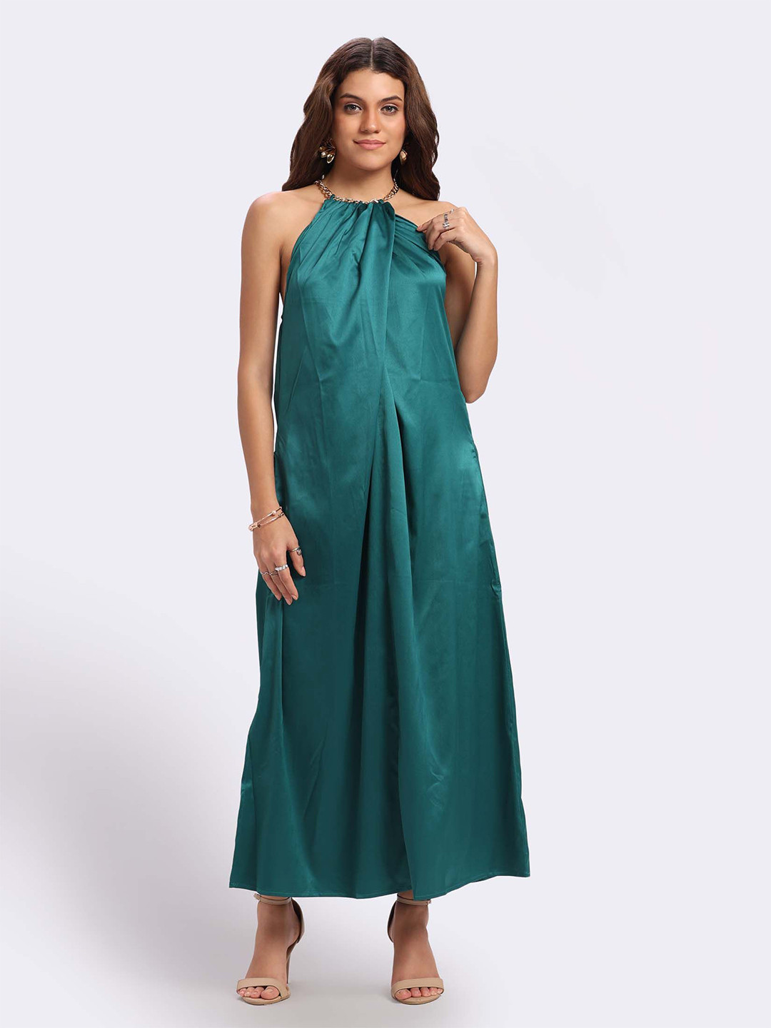 Aanandini Women Halter Neck Sleeveless Gathered or Pleated Draped Maxi Dress