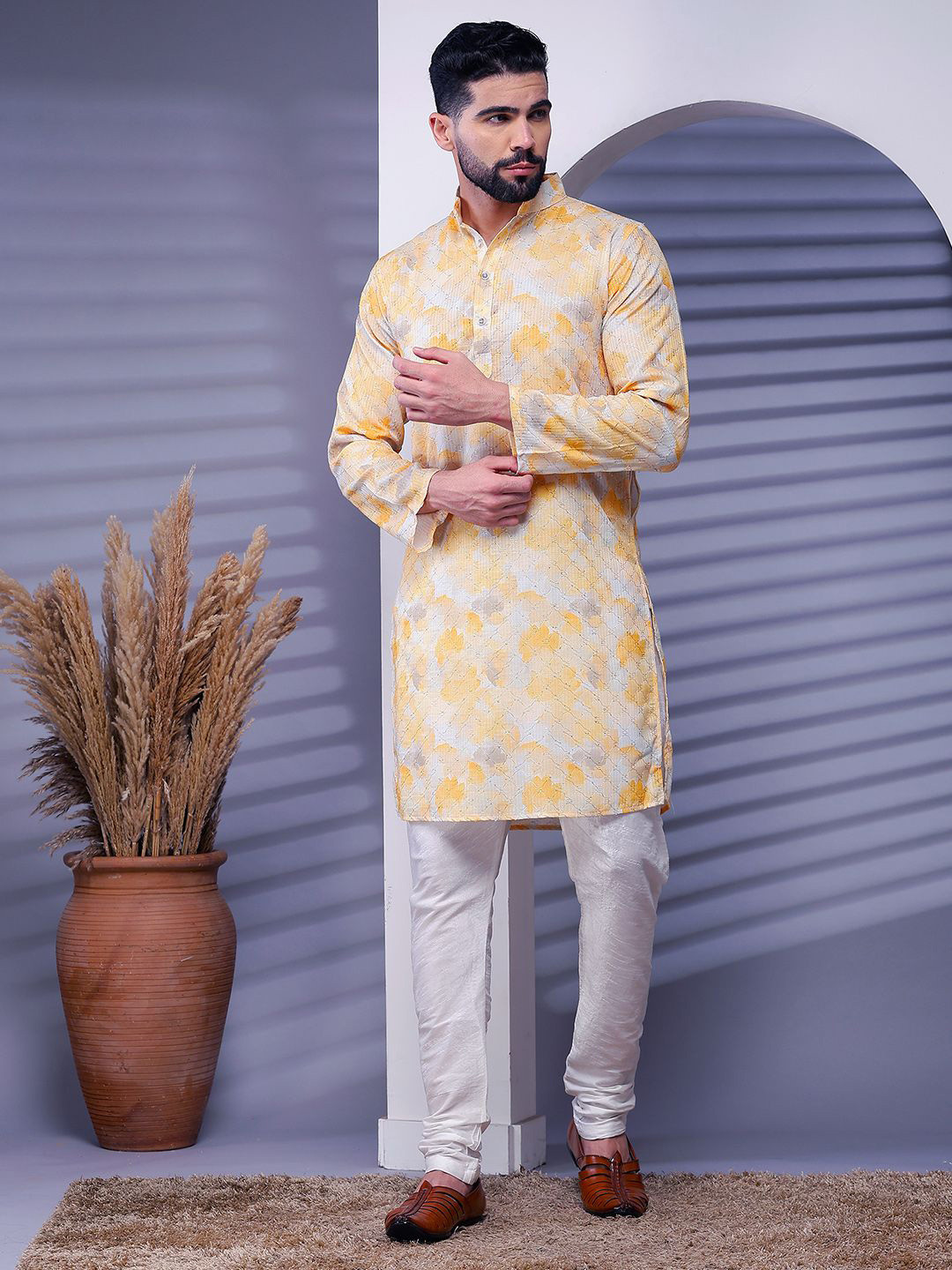 Anouk Rustic Men Embellished Mandarin Collar Crochet Knee Length Regular Kurta