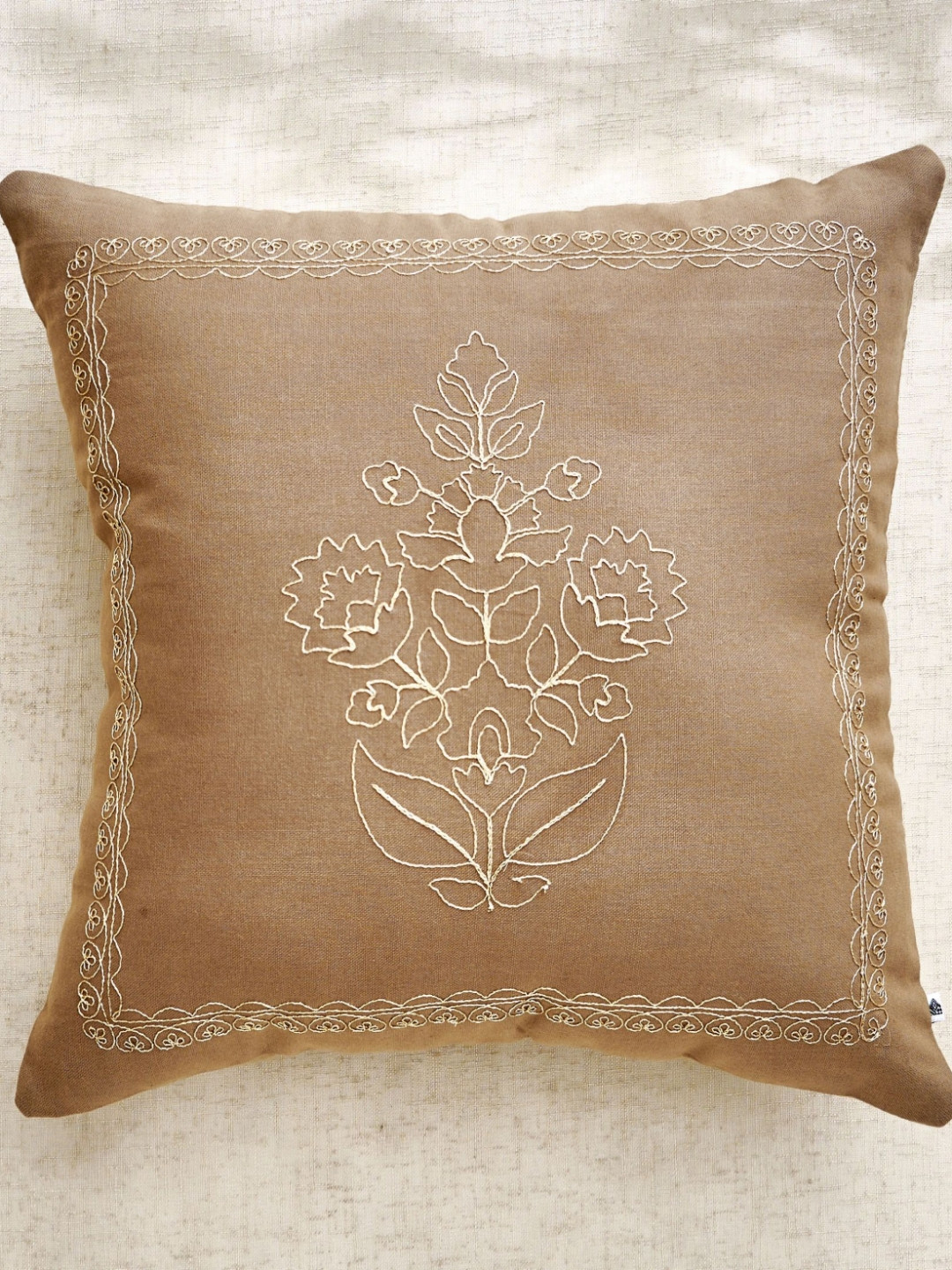 Home Centre Glimmer Dusk Auria Brown & Beige Embroidered Cotton Square Cushion Cover