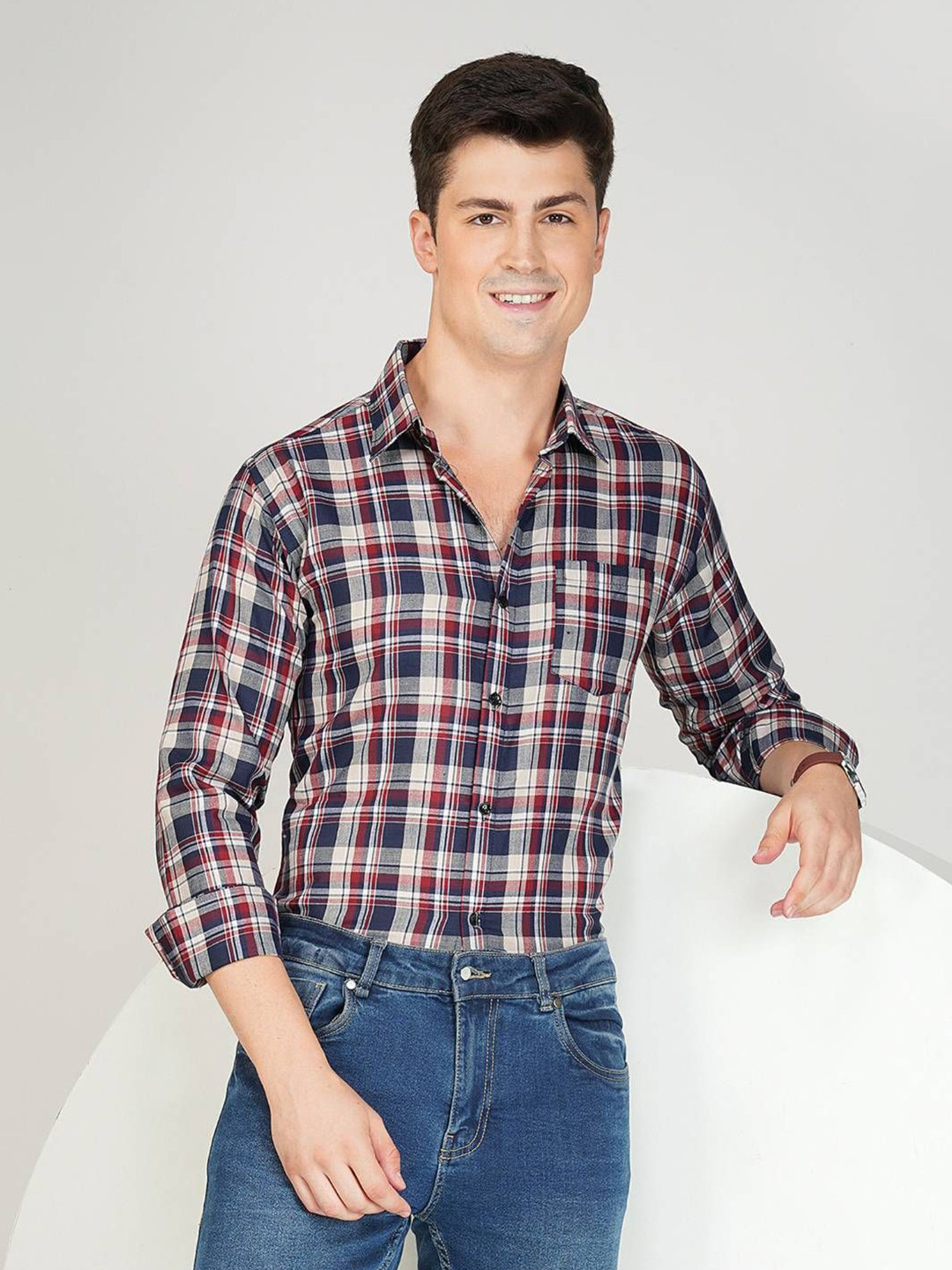 Maroon & Navy Tartan Checked Regular Fit Casual Shirt
