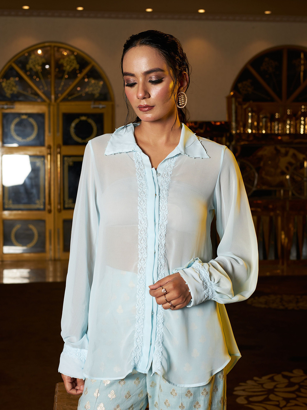 Undyed Contemporary Fit Floral Chikankari Embroidered Semi Sheer Georgette Casual Shirt