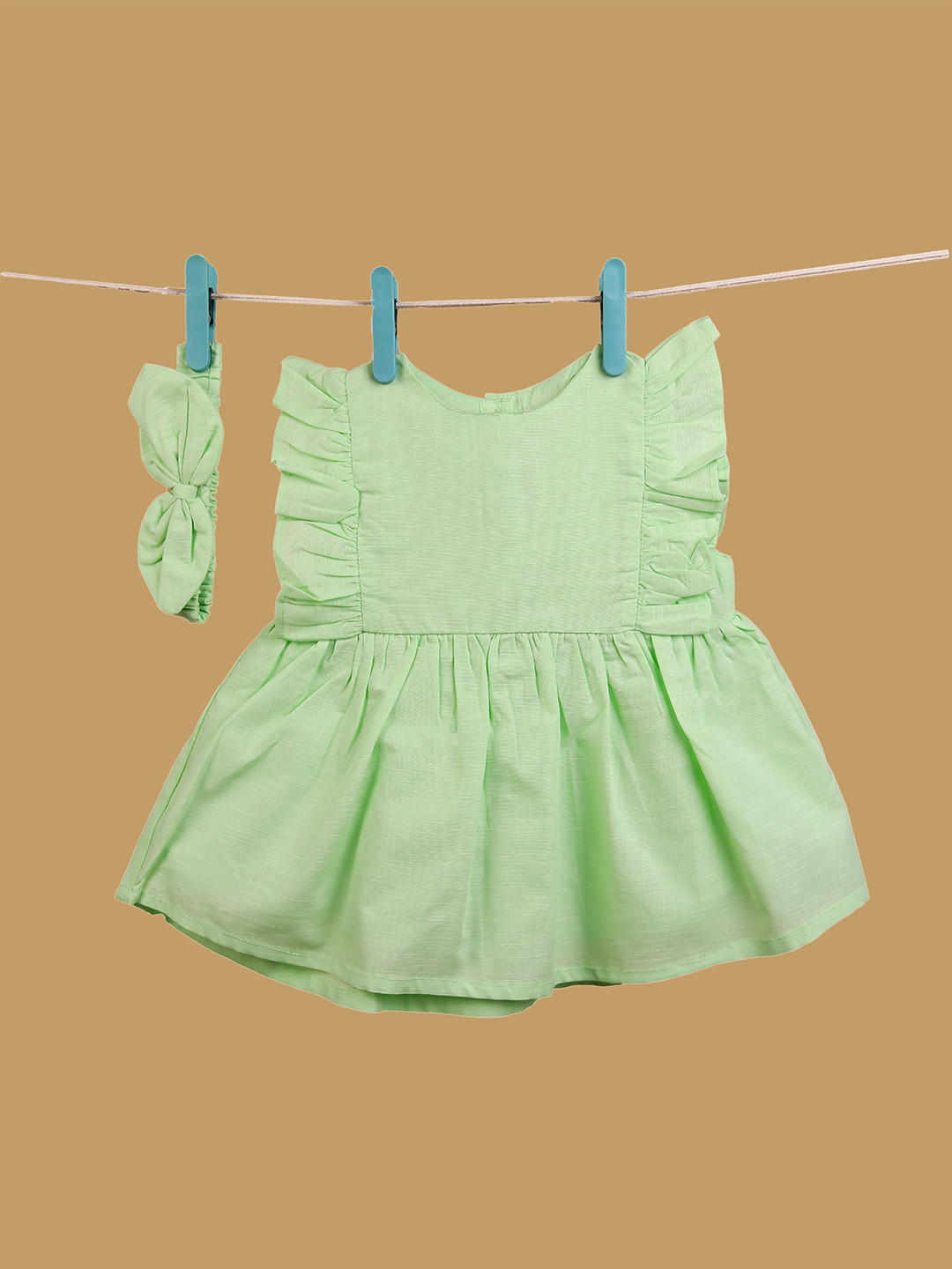 TWEENY MINI Girls Flutter Sleeves Round Neck Pure Cotton A-Line Dress with Headband