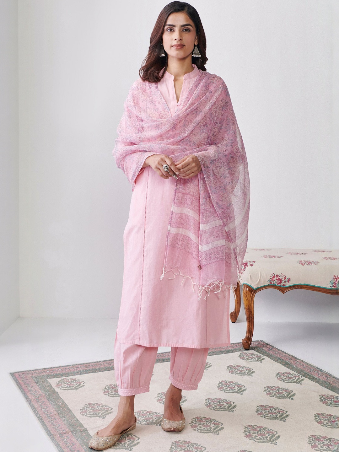 J.KANJI Mandarin Collar Straight Kurta With Harem Pant & Dupatta